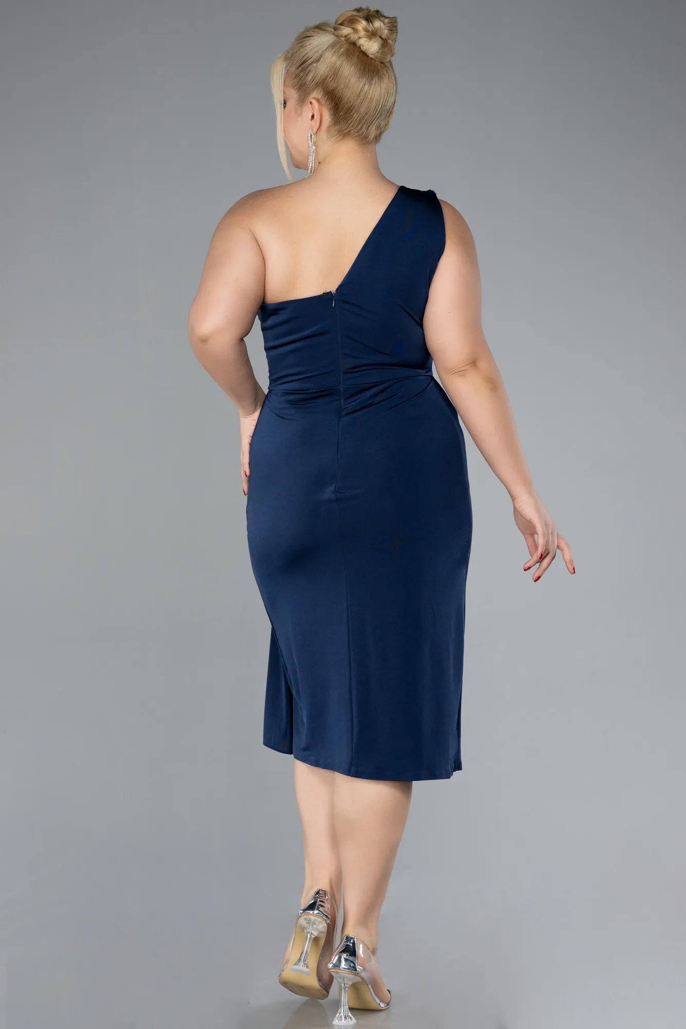 Navy Blue-One Shoulder Midi Plus Size Evening Dress ABK2196