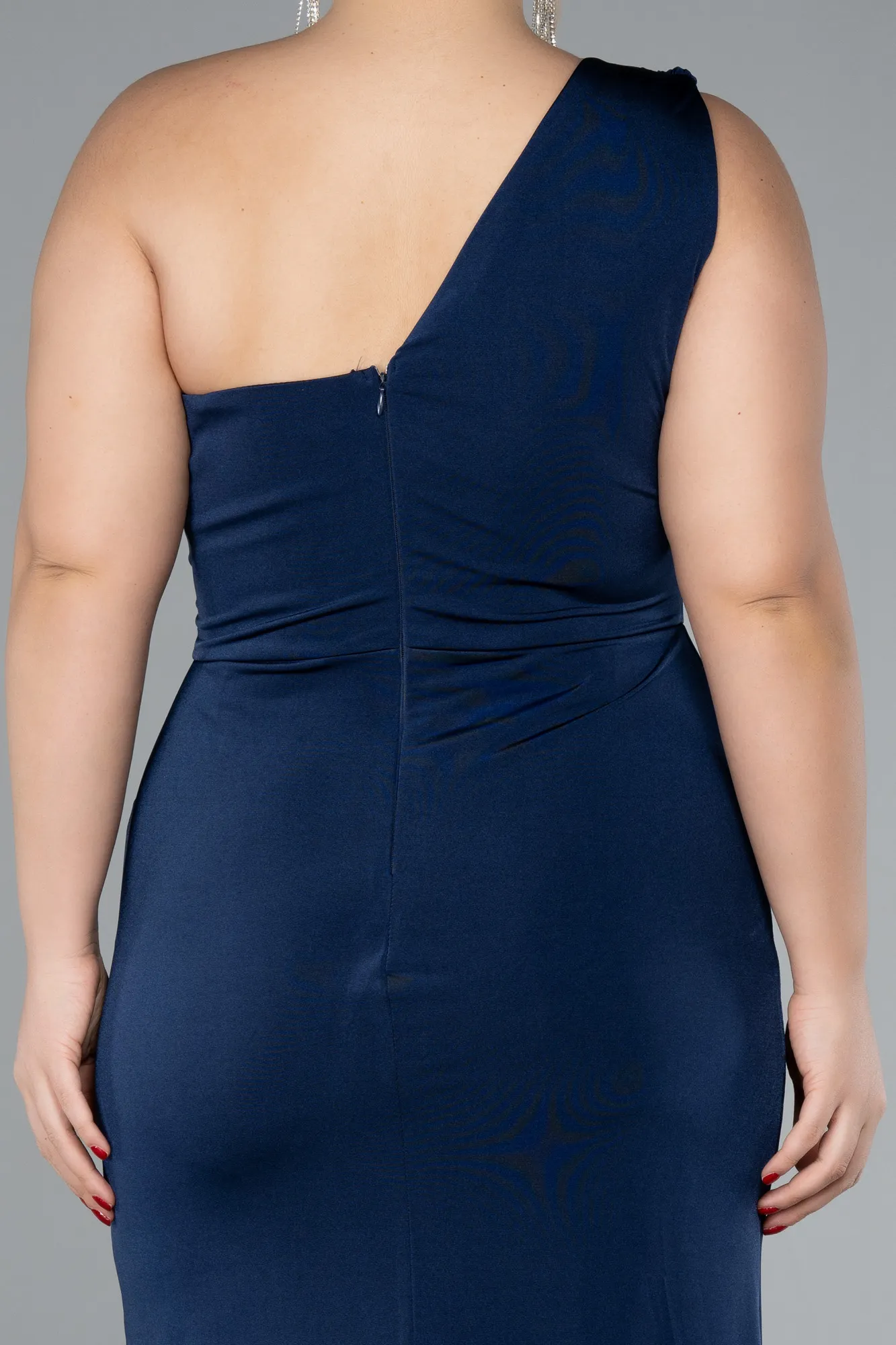 Navy Blue-One Shoulder Midi Plus Size Evening Dress ABK2196