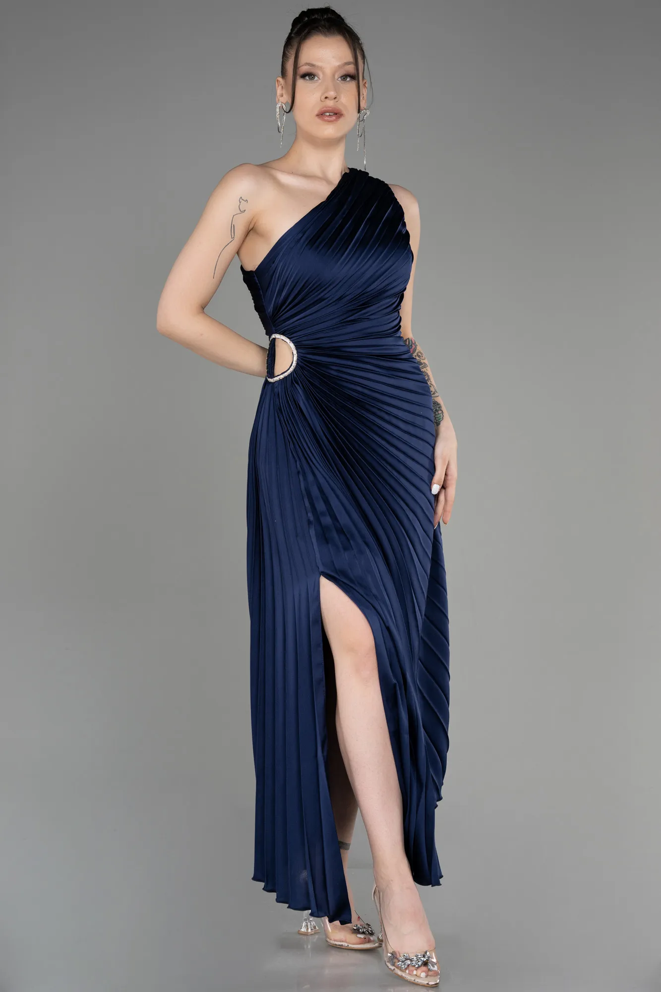 Navy Blue-One Shoulder Midi Satin Cocktail Dress ABK2046