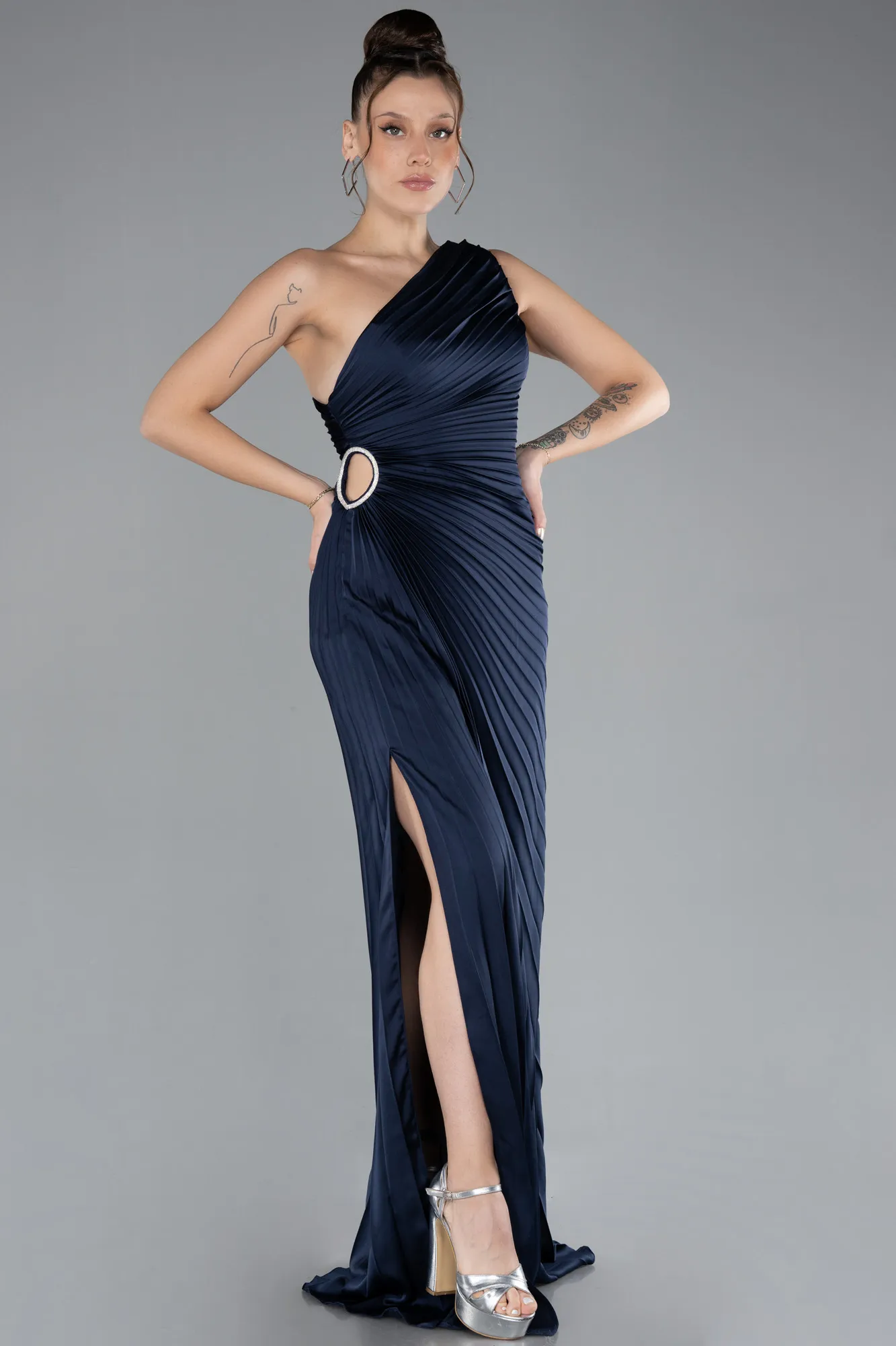 Navy Blue-One Shoulder Satin Slit Evening Dress ABU4393