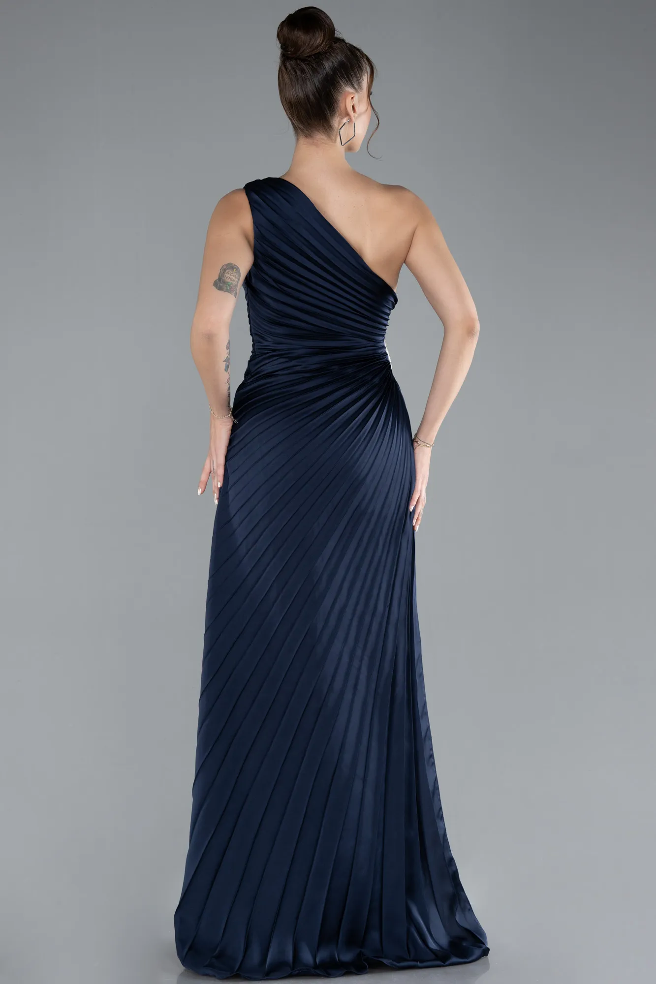 Navy Blue-One Shoulder Satin Slit Evening Dress ABU4393