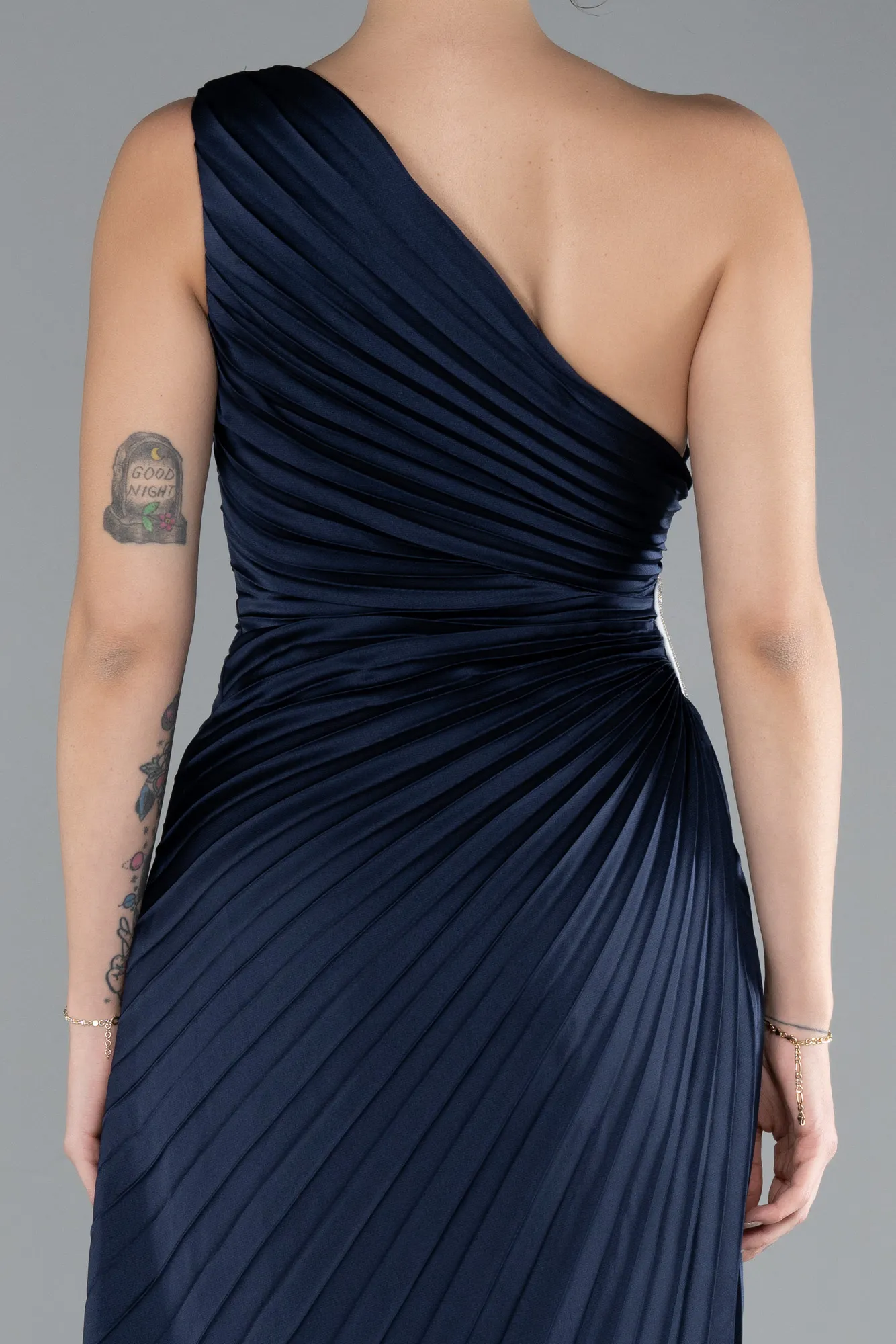 Navy Blue-One Shoulder Satin Slit Evening Dress ABU4393