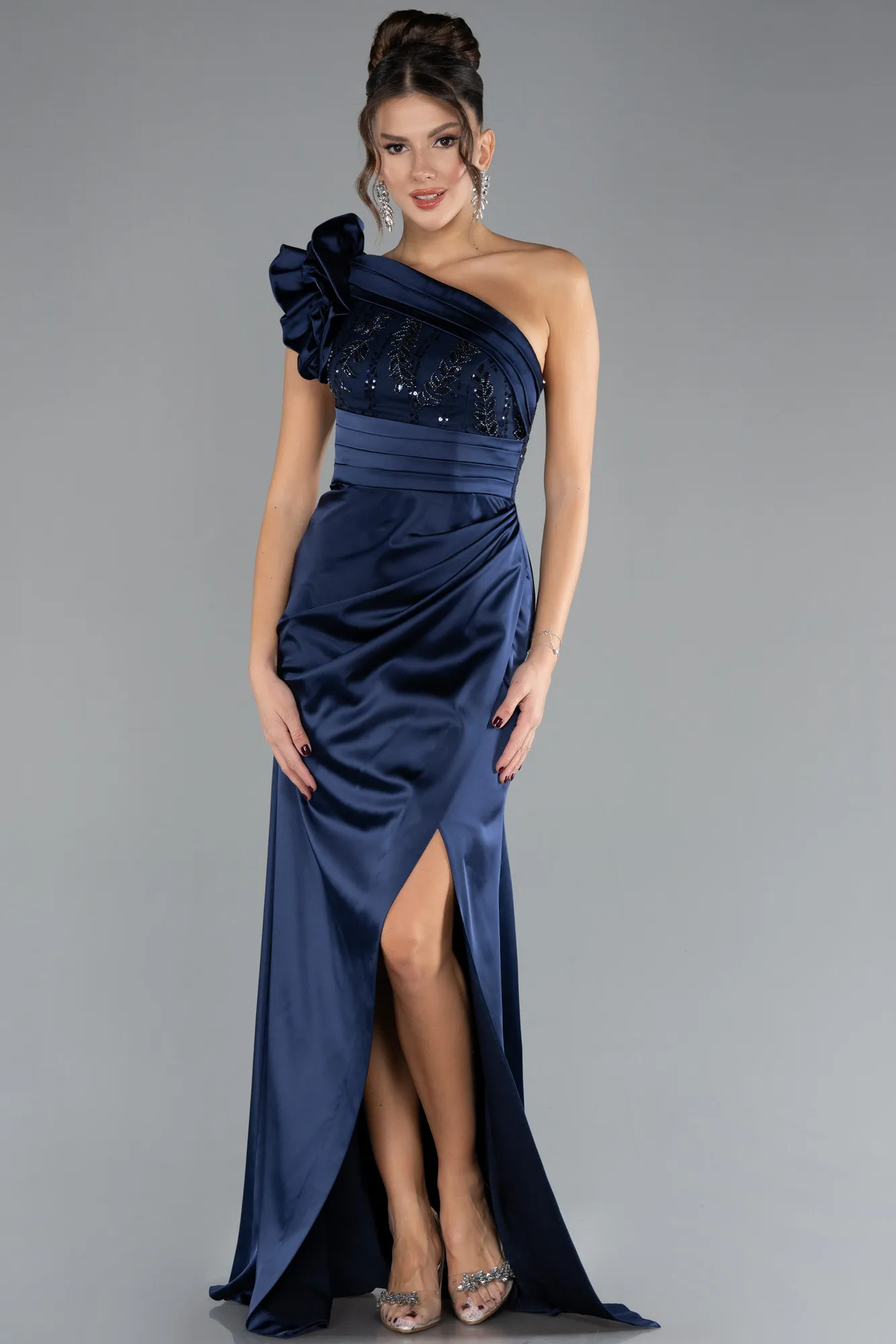 Navy Blue-One Shoulder Sequined Slit Satin Evening Gown ABU4325