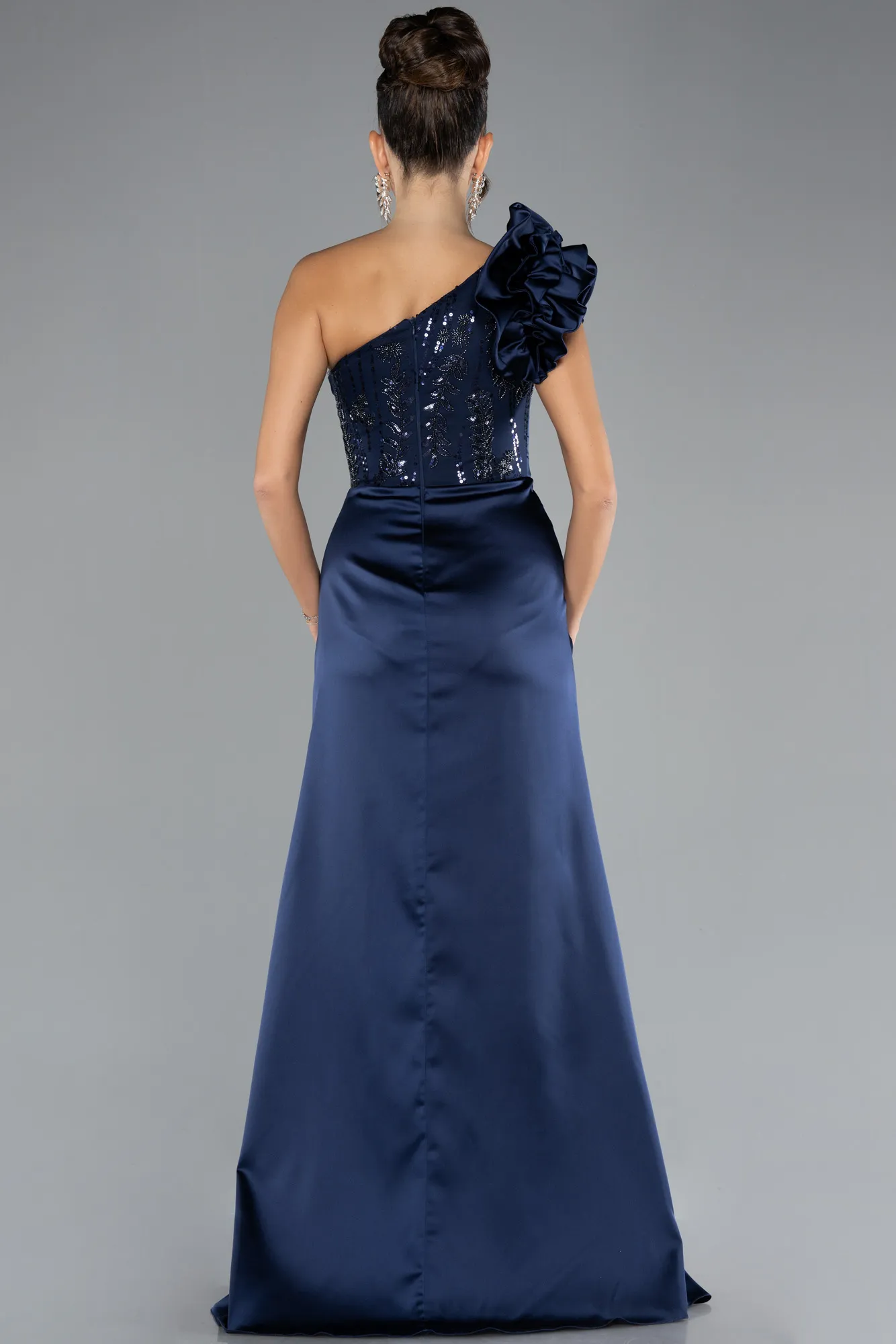 Navy Blue-One Shoulder Sequined Slit Satin Evening Gown ABU4325