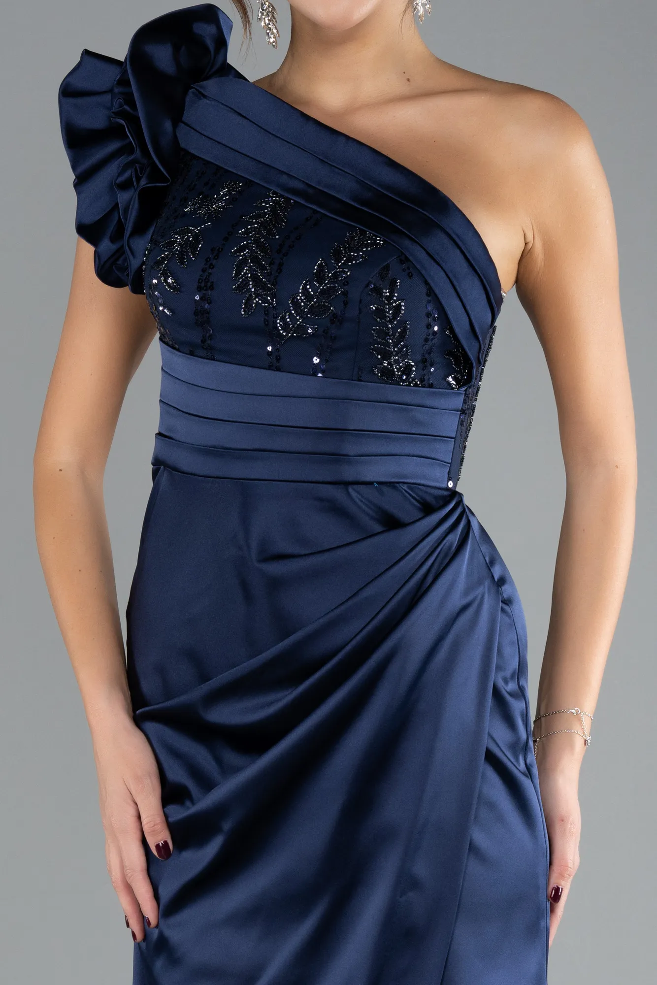 Navy Blue-One Shoulder Sequined Slit Satin Evening Gown ABU4325