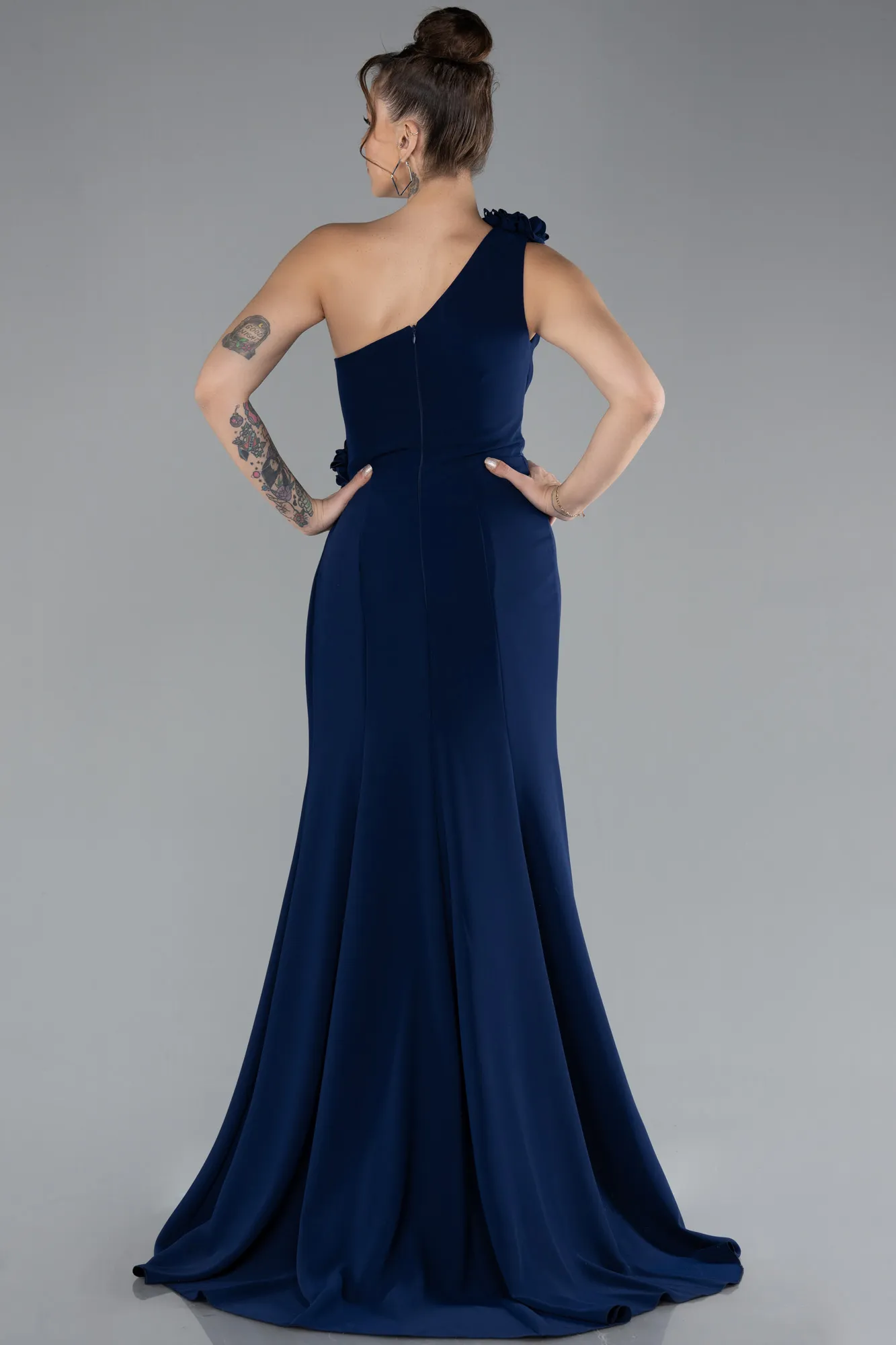 Navy Blue-One Shoulder Slit Evening Gown ABU4381