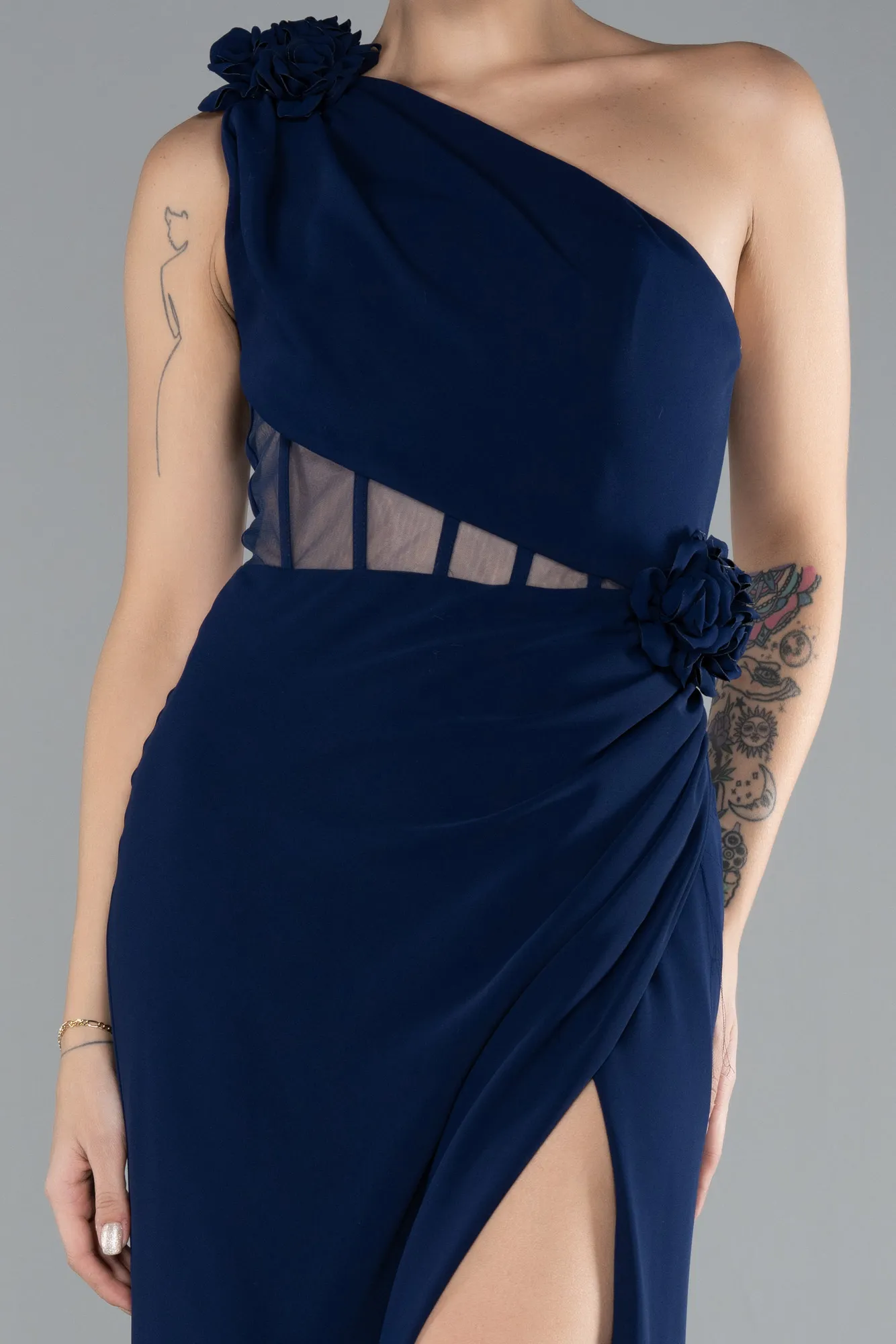 Navy Blue-One Shoulder Slit Evening Gown ABU4381