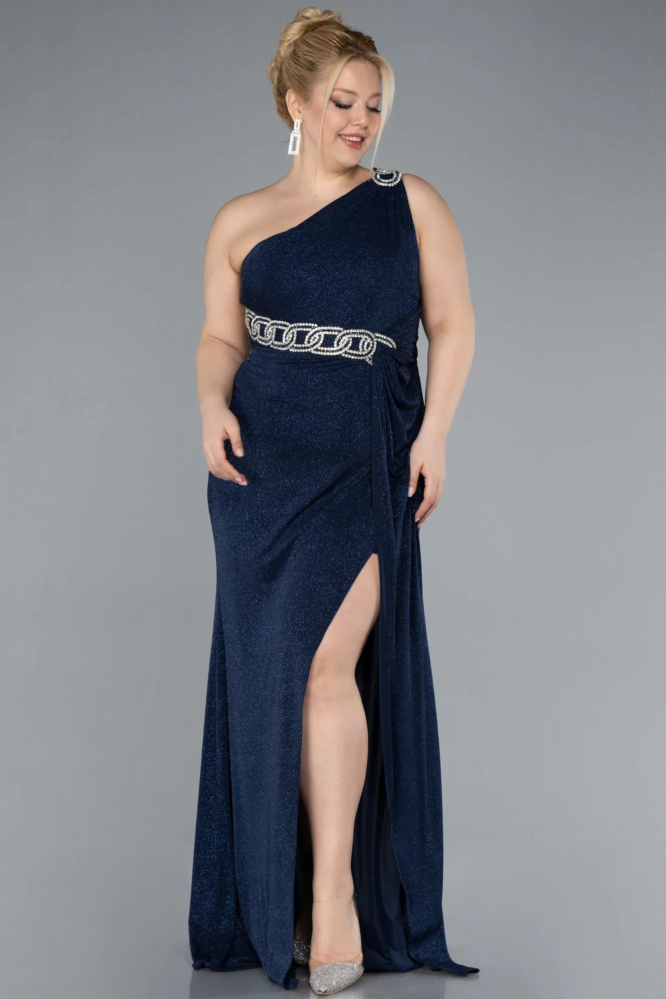 Navy Blue-One Shoulder Slit Glittered Long Plus Size Prom Dress ABU4601