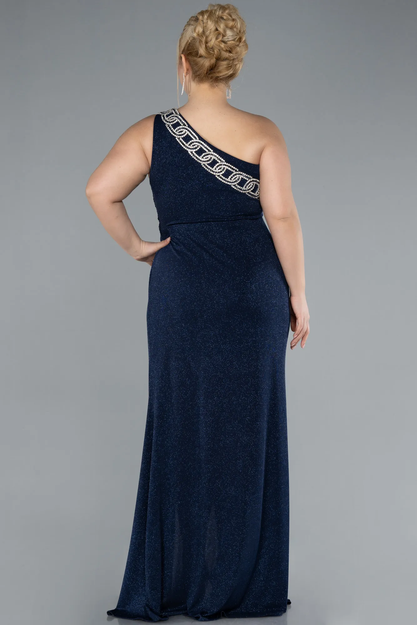 Navy Blue-One Shoulder Slit Glittered Long Plus Size Prom Dress ABU4601