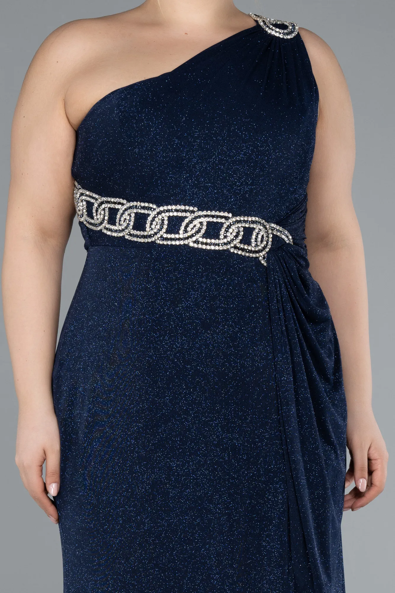 Navy Blue-One Shoulder Slit Glittered Long Plus Size Prom Dress ABU4601