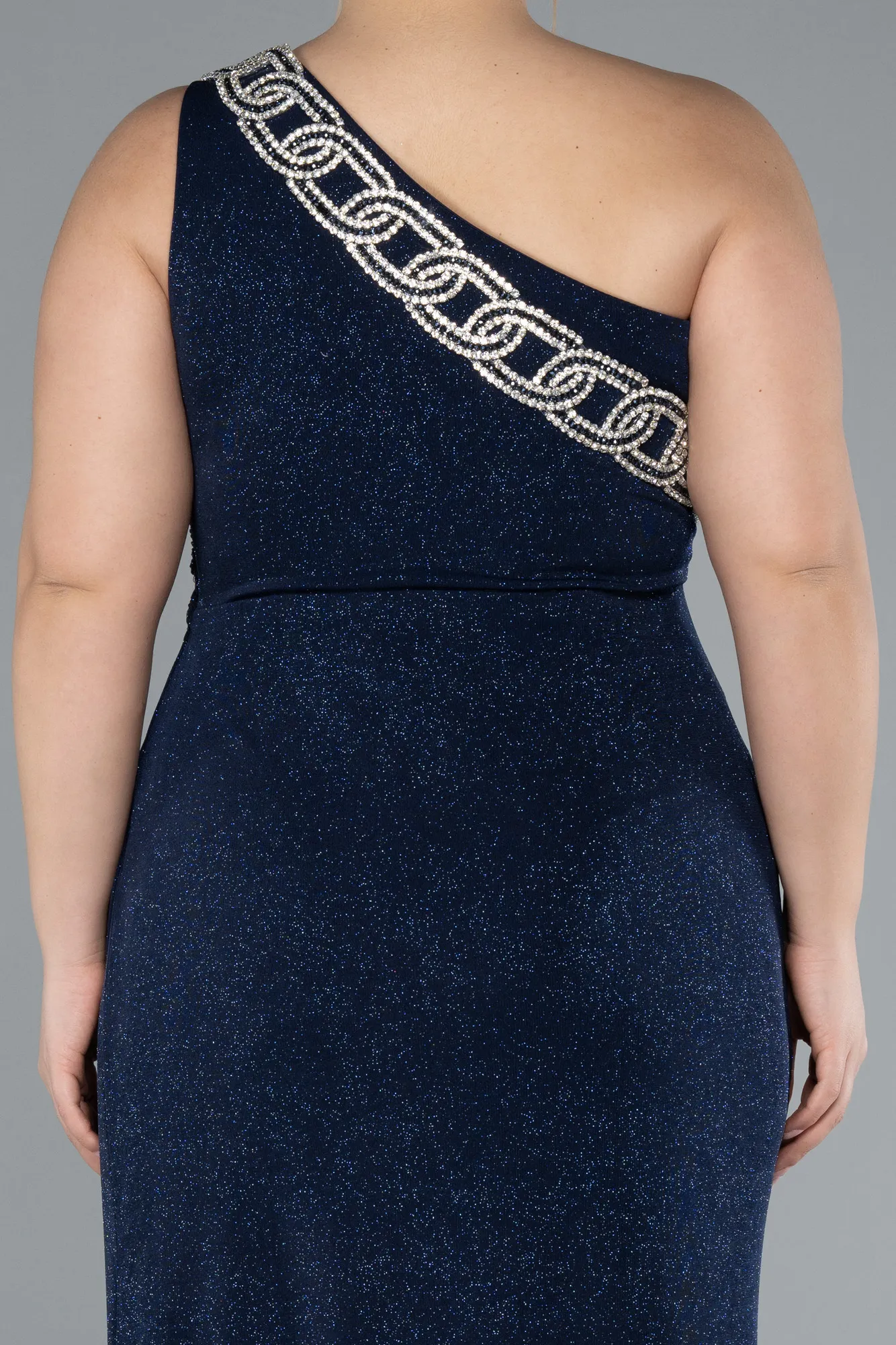 Navy Blue-One Shoulder Slit Glittered Long Plus Size Prom Dress ABU4601