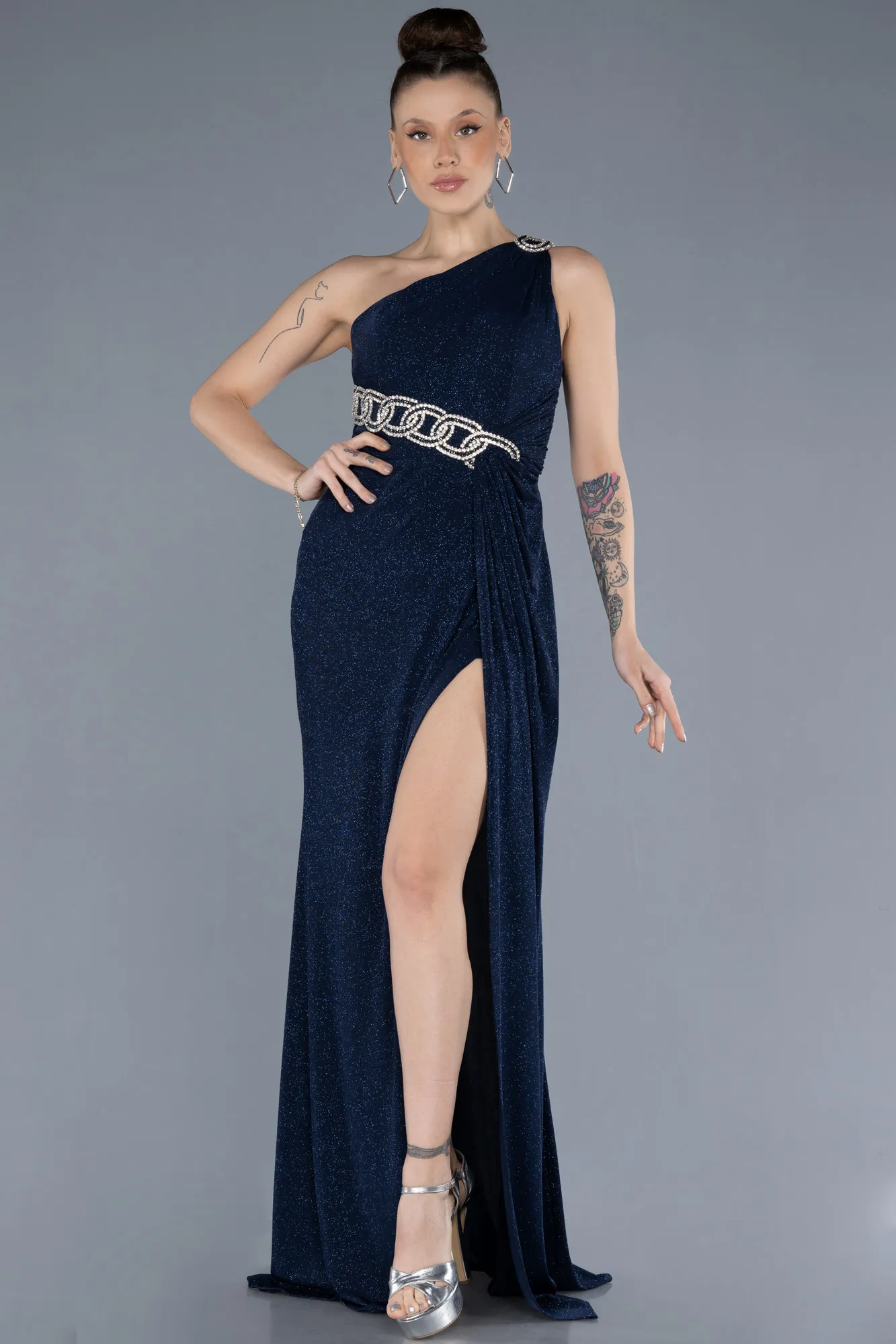 Navy Blue-One Shoulder Slit Glittered Long Prom Dress ABU4599