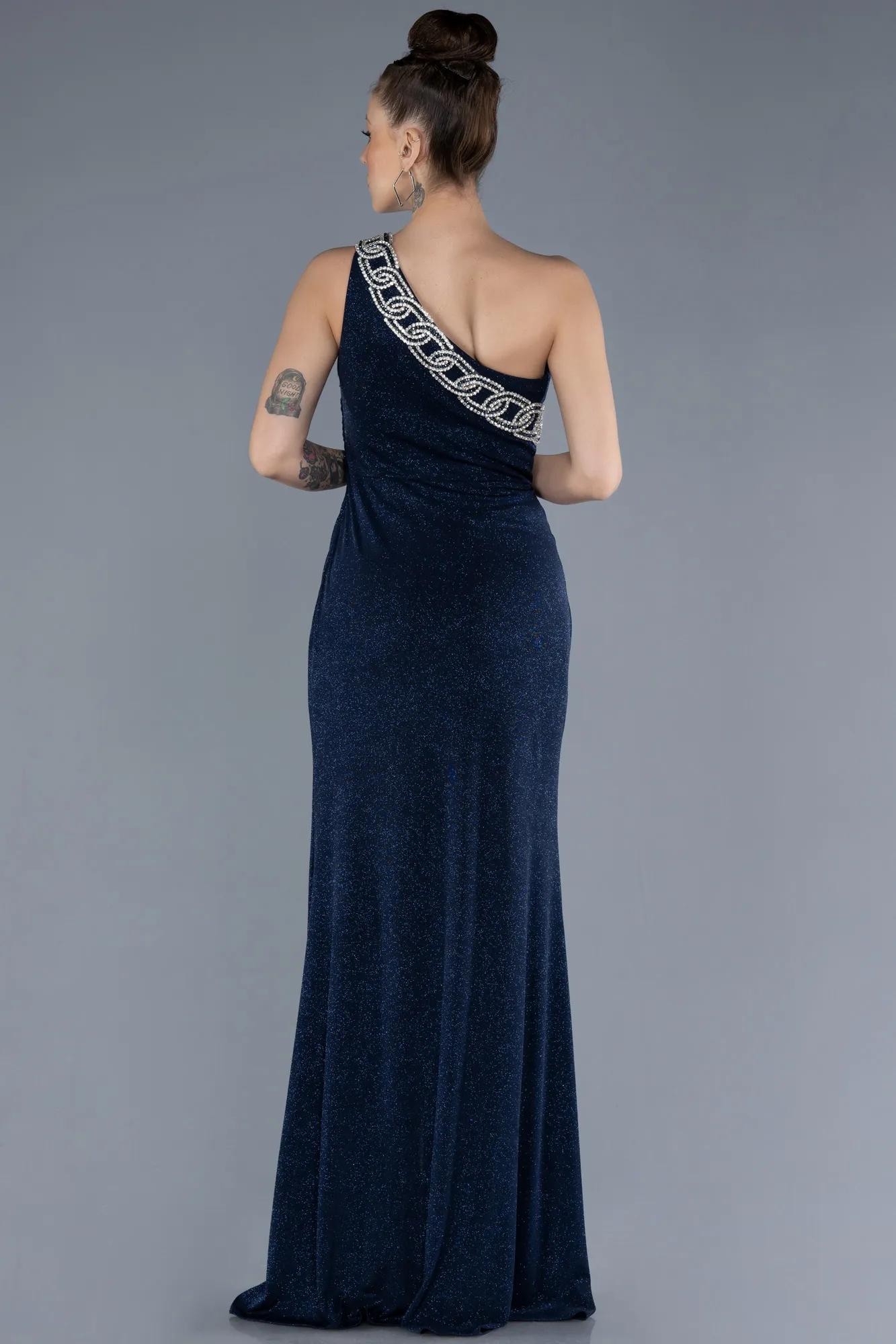 Navy Blue-One Shoulder Slit Glittered Long Prom Dress ABU4599