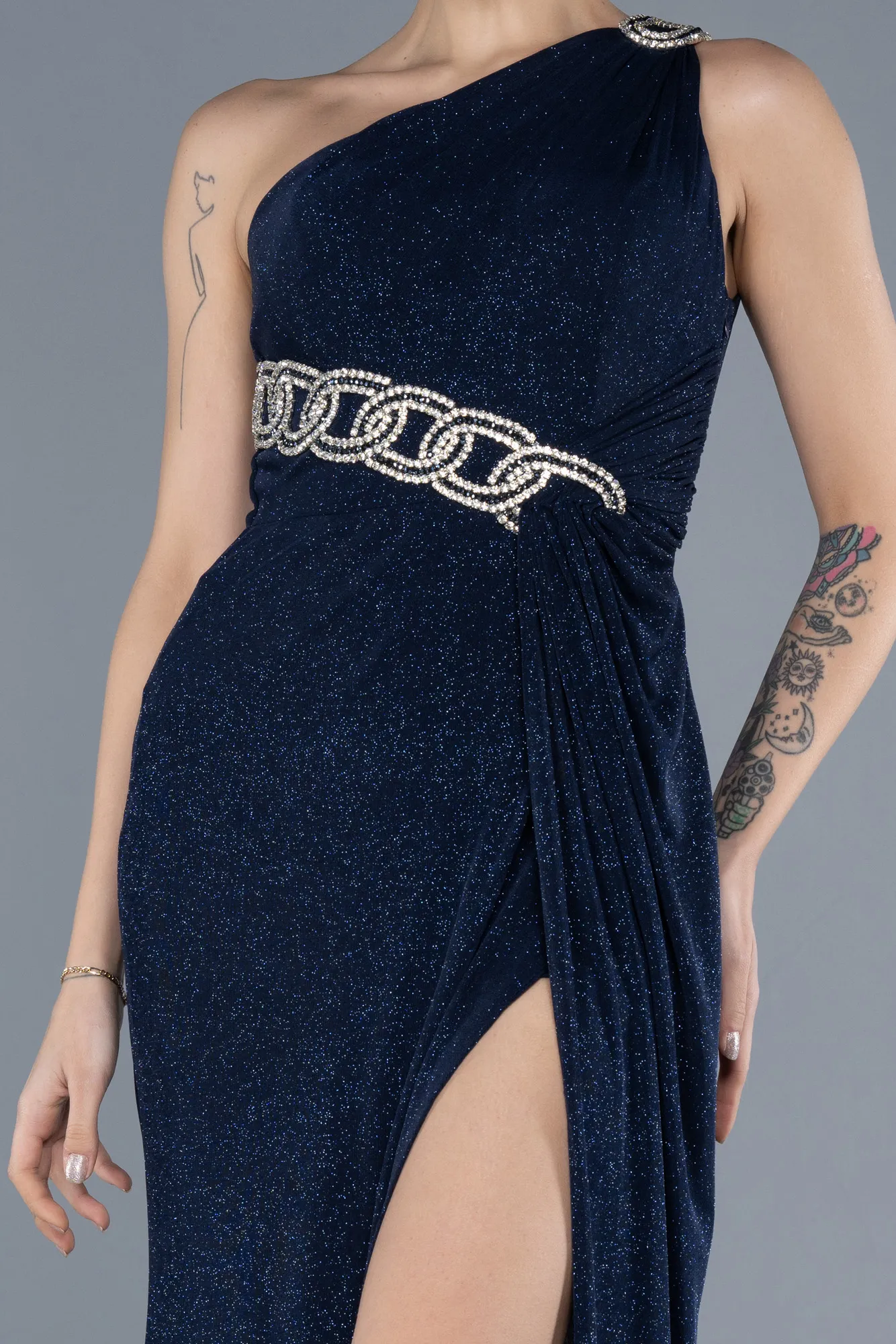 Navy Blue-One Shoulder Slit Glittered Long Prom Dress ABU4599