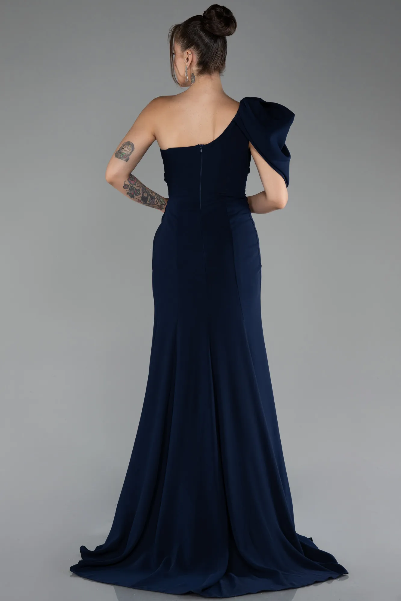 Navy Blue-One Shoulder Slit Long Chiffon Prom Dress ABU4091