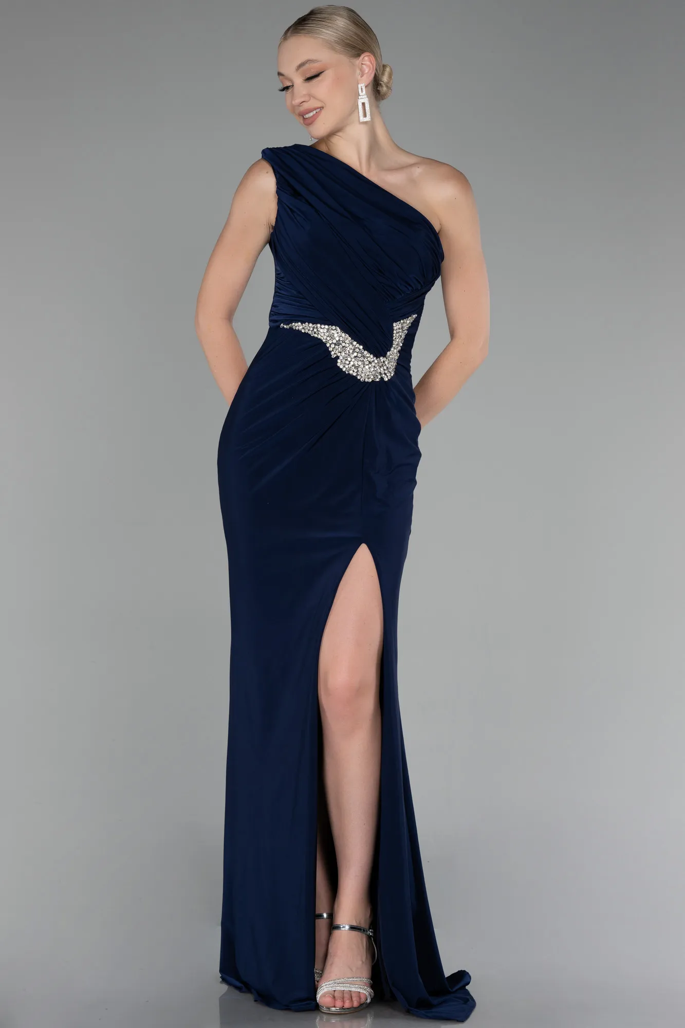 Navy Blue-One Shoulder Slit Long Evening Dress ABU4116