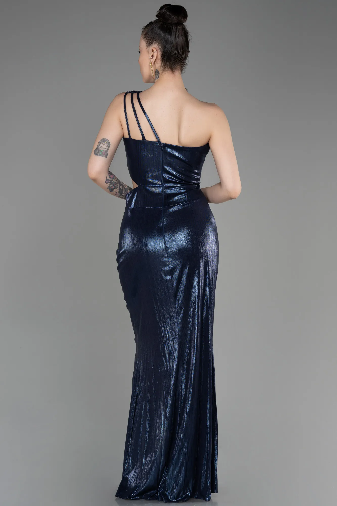 Navy Blue-One-Shoulder Slit Long Prom Dress ABU3848