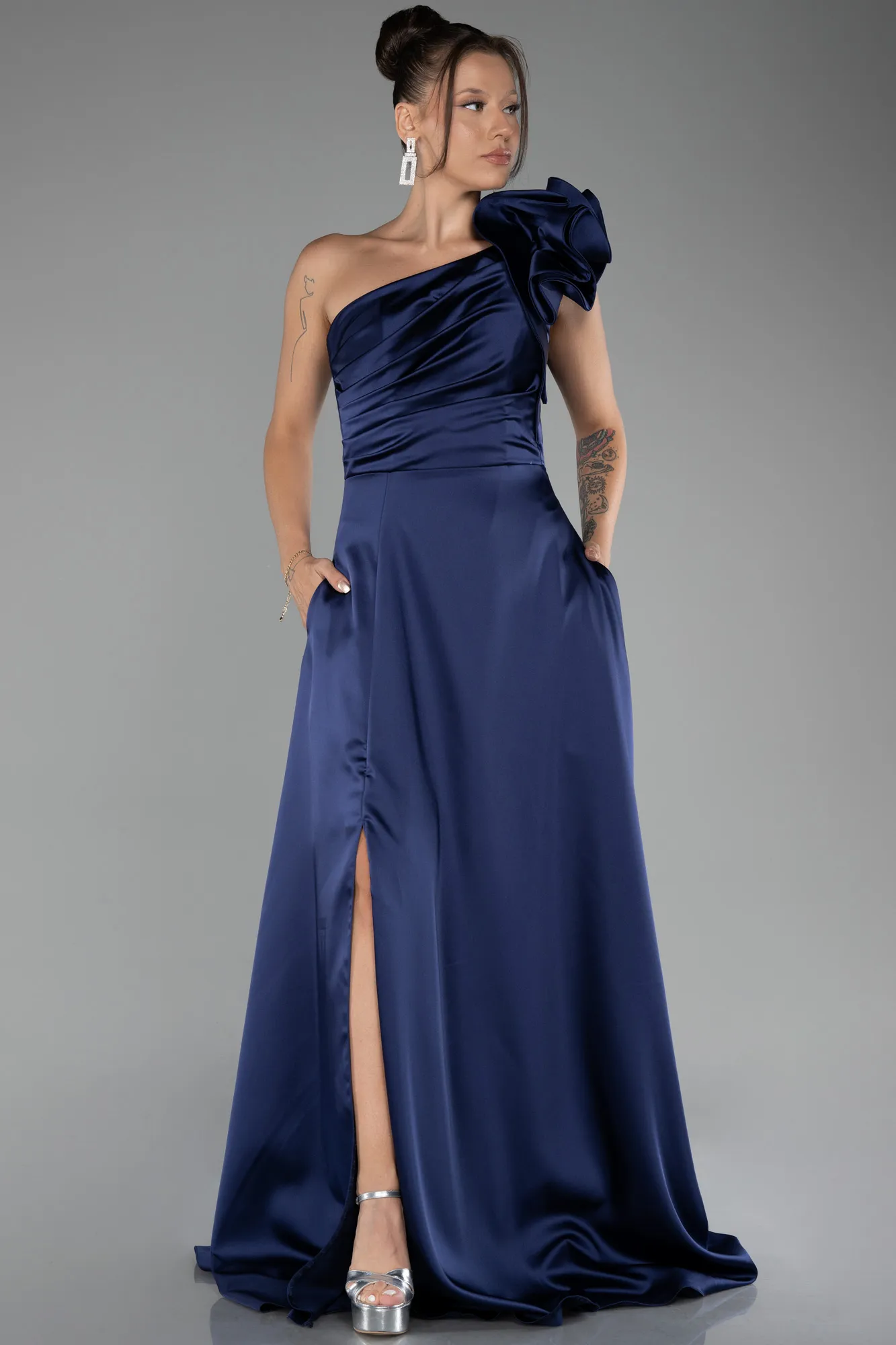 Navy Blue-One Shoulder Slit Long Satin Evening Dress ABU4092