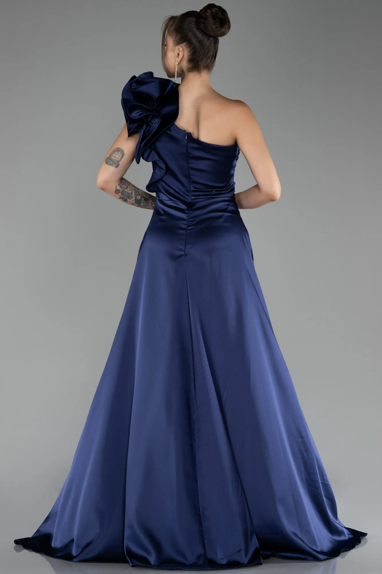 Navy Blue-One Shoulder Slit Long Satin Evening Dress ABU4092