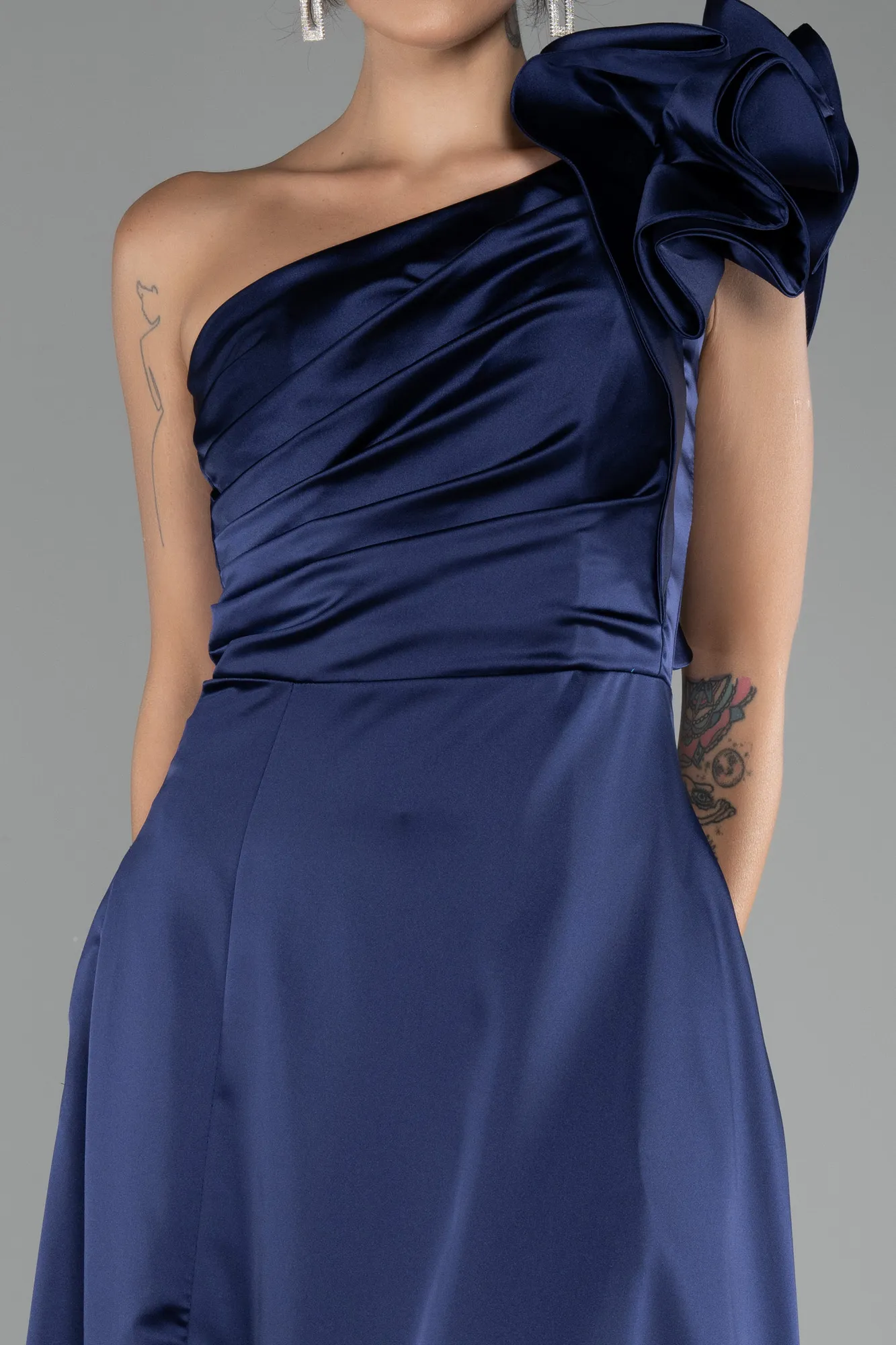 Navy Blue-One Shoulder Slit Long Satin Evening Dress ABU4092