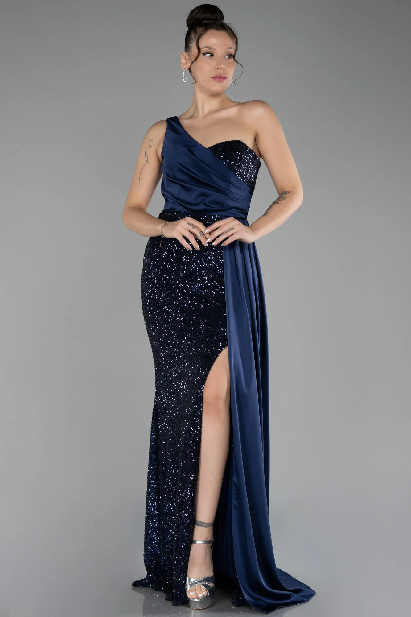 Navy Blue-One Shoulder Slit Long Sequined Evening Gown ABU4241