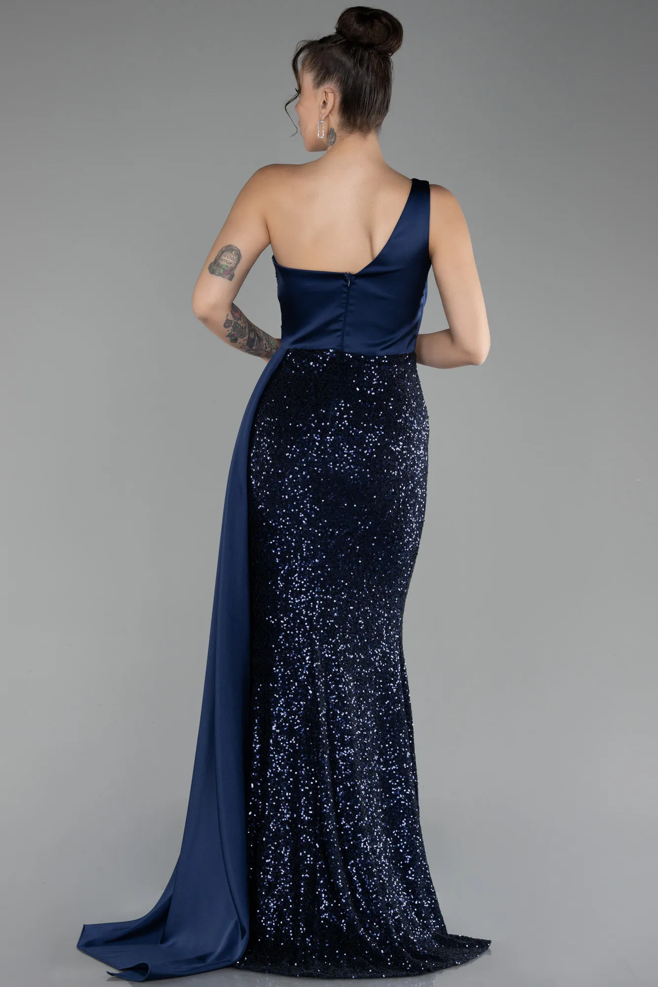 Navy Blue-One Shoulder Slit Long Sequined Evening Gown ABU4241