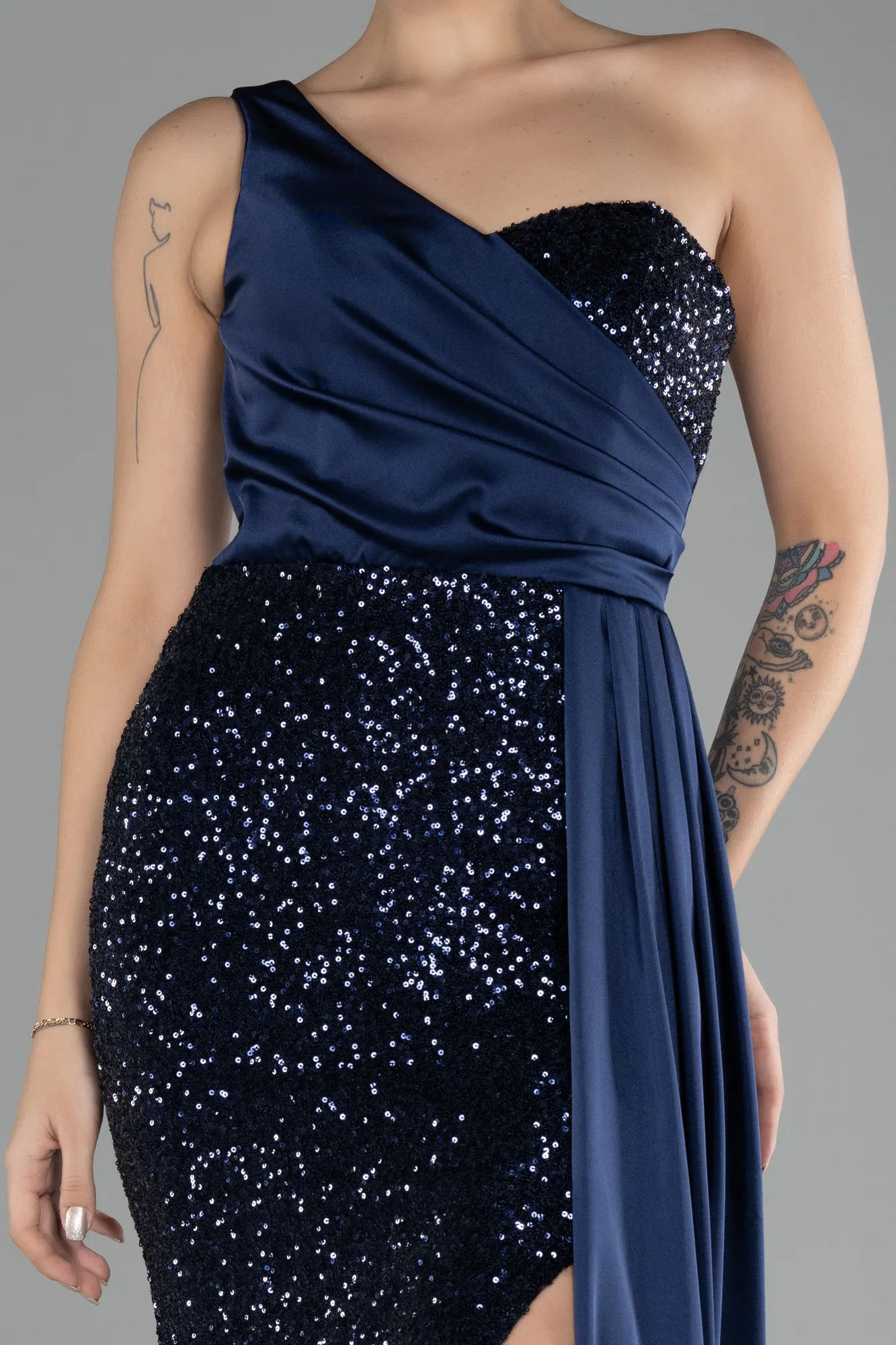 Navy Blue-One Shoulder Slit Long Sequined Evening Gown ABU4241