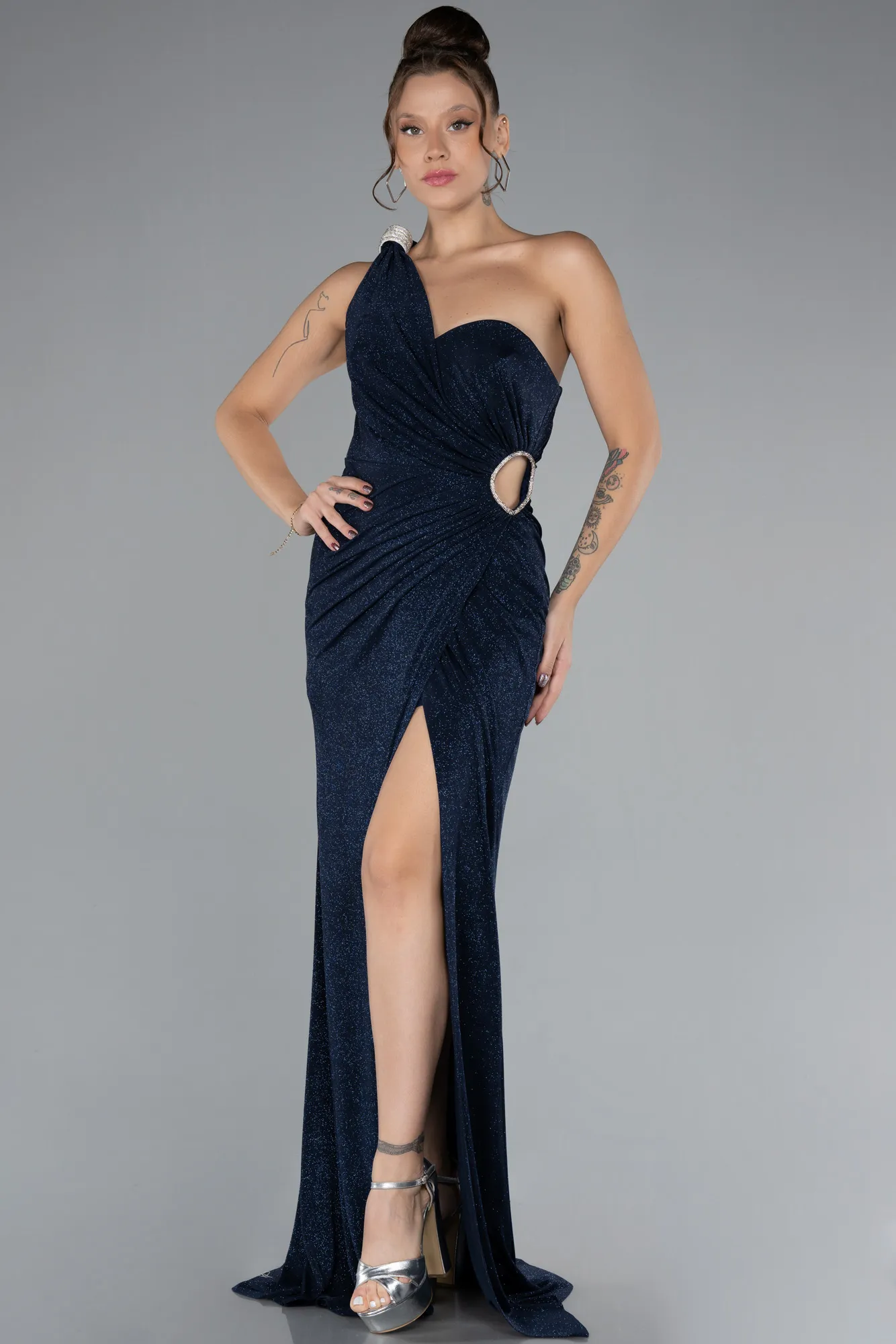 Navy Blue-One Shoulder Slit Long Silvery Evening Gown ABU4309