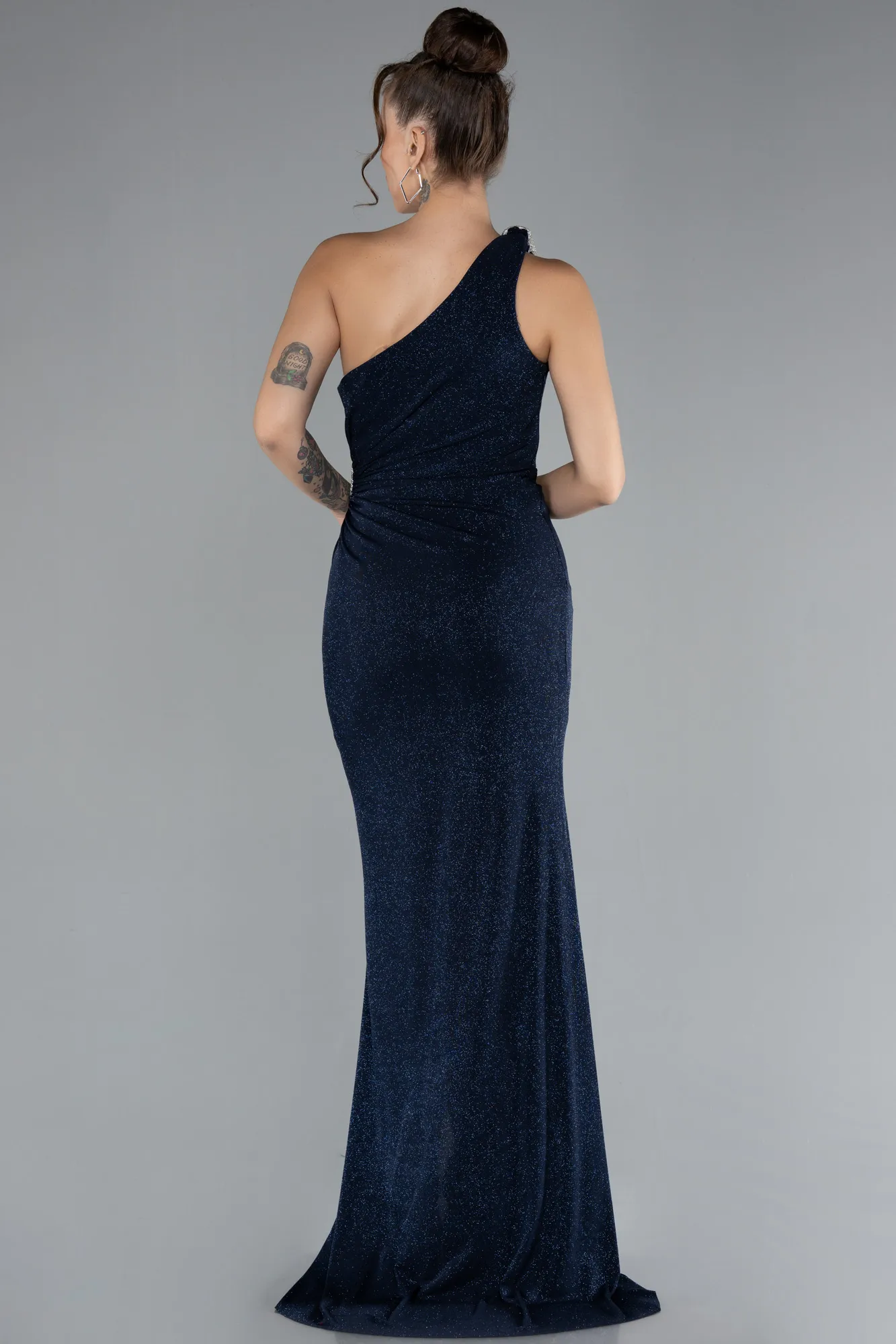 Navy Blue-One Shoulder Slit Long Silvery Evening Gown ABU4309