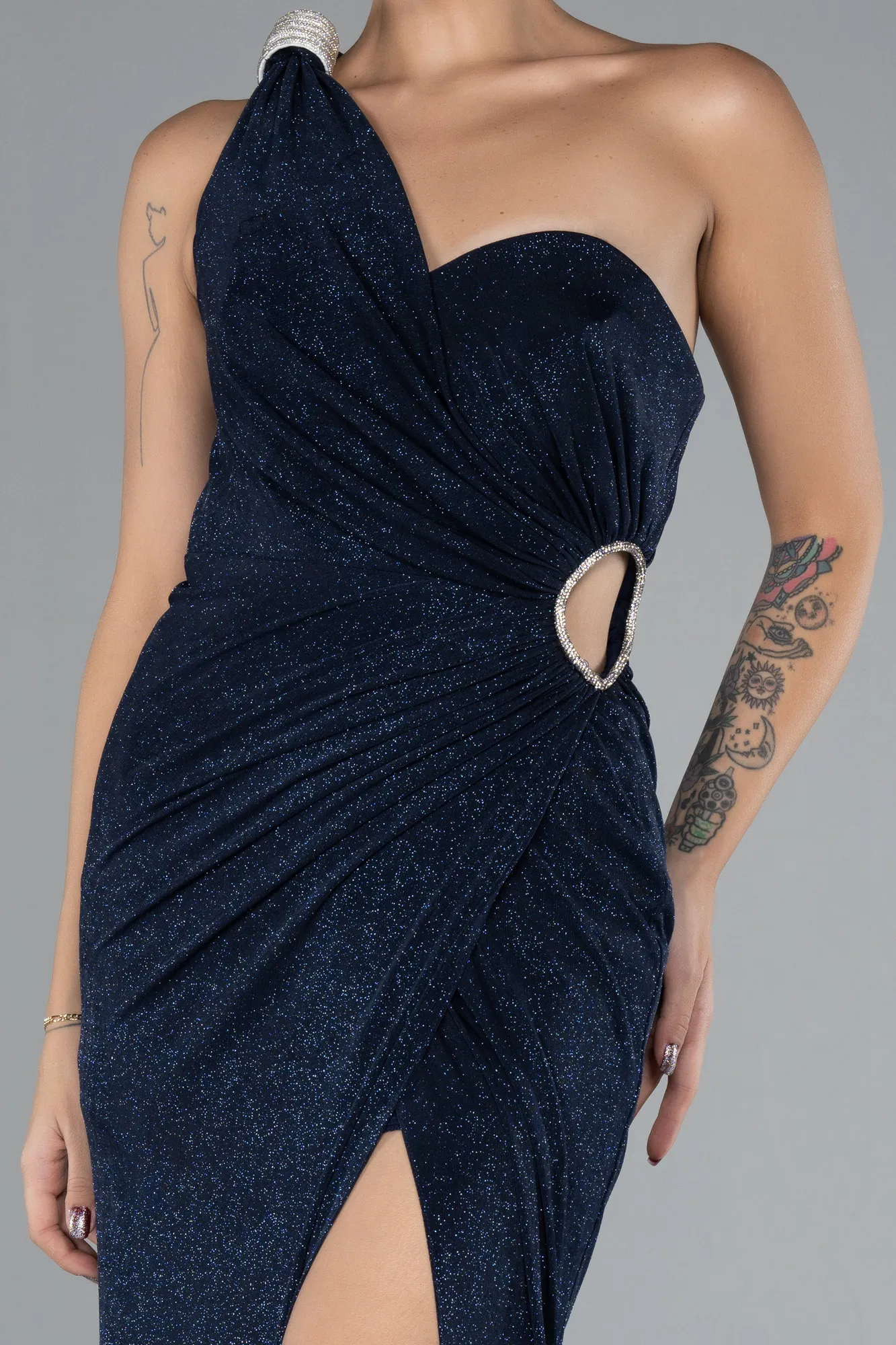 Navy Blue-One Shoulder Slit Long Silvery Evening Gown ABU4309