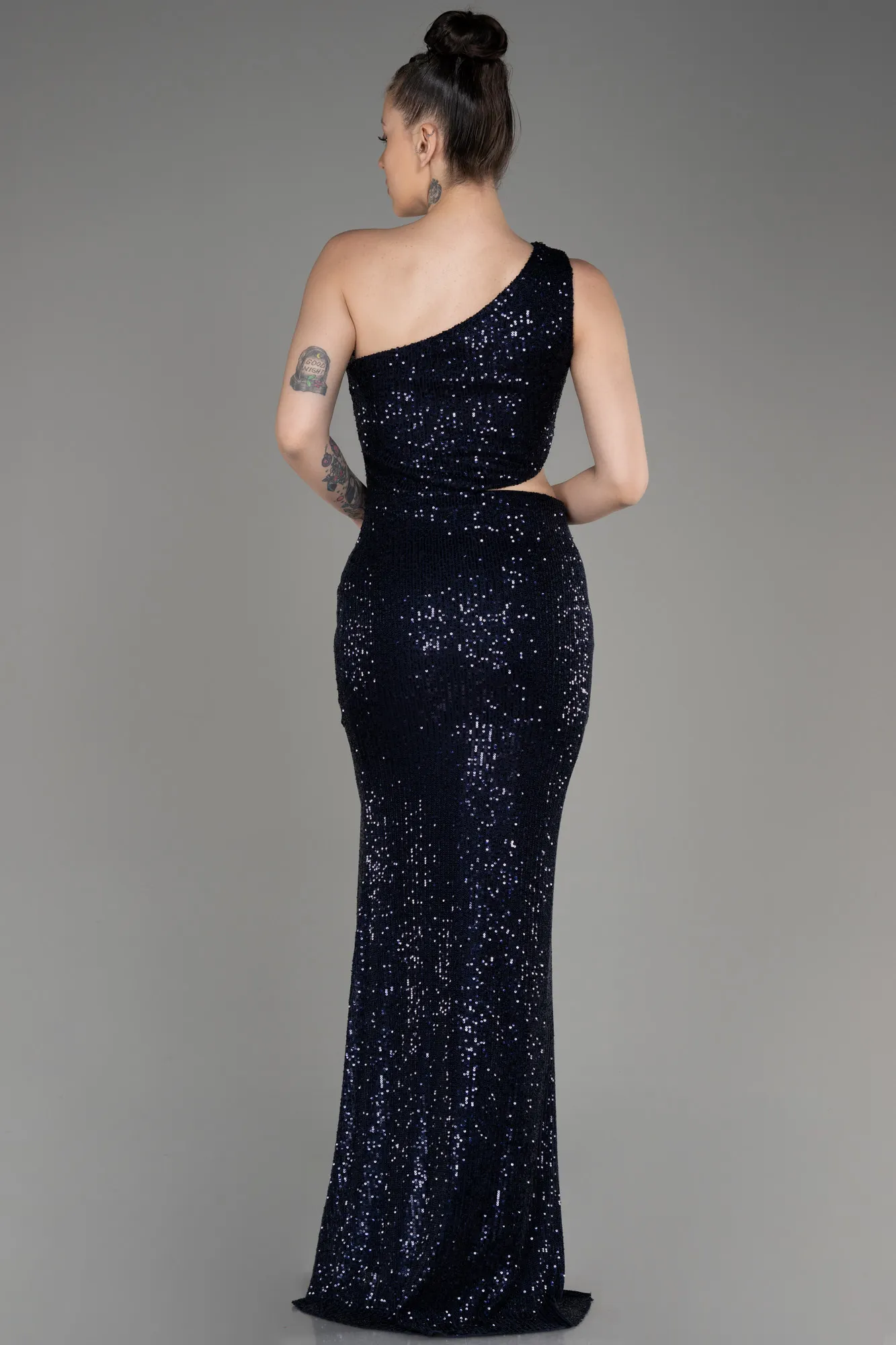 Navy Blue-One Shoulder Slit Scaly Evening Dress ABU3904