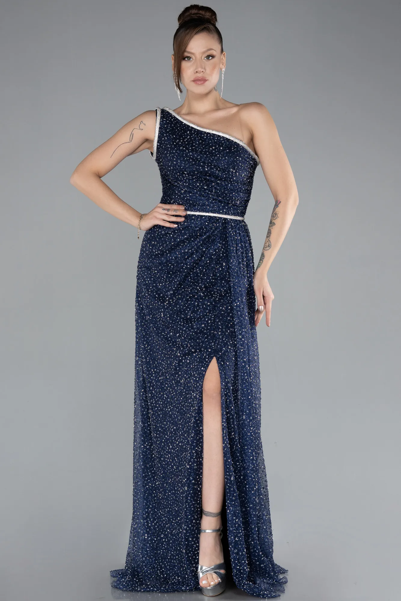 Navy Blue-One Shoulder Slit Stone Long Evening Gown ABU4500