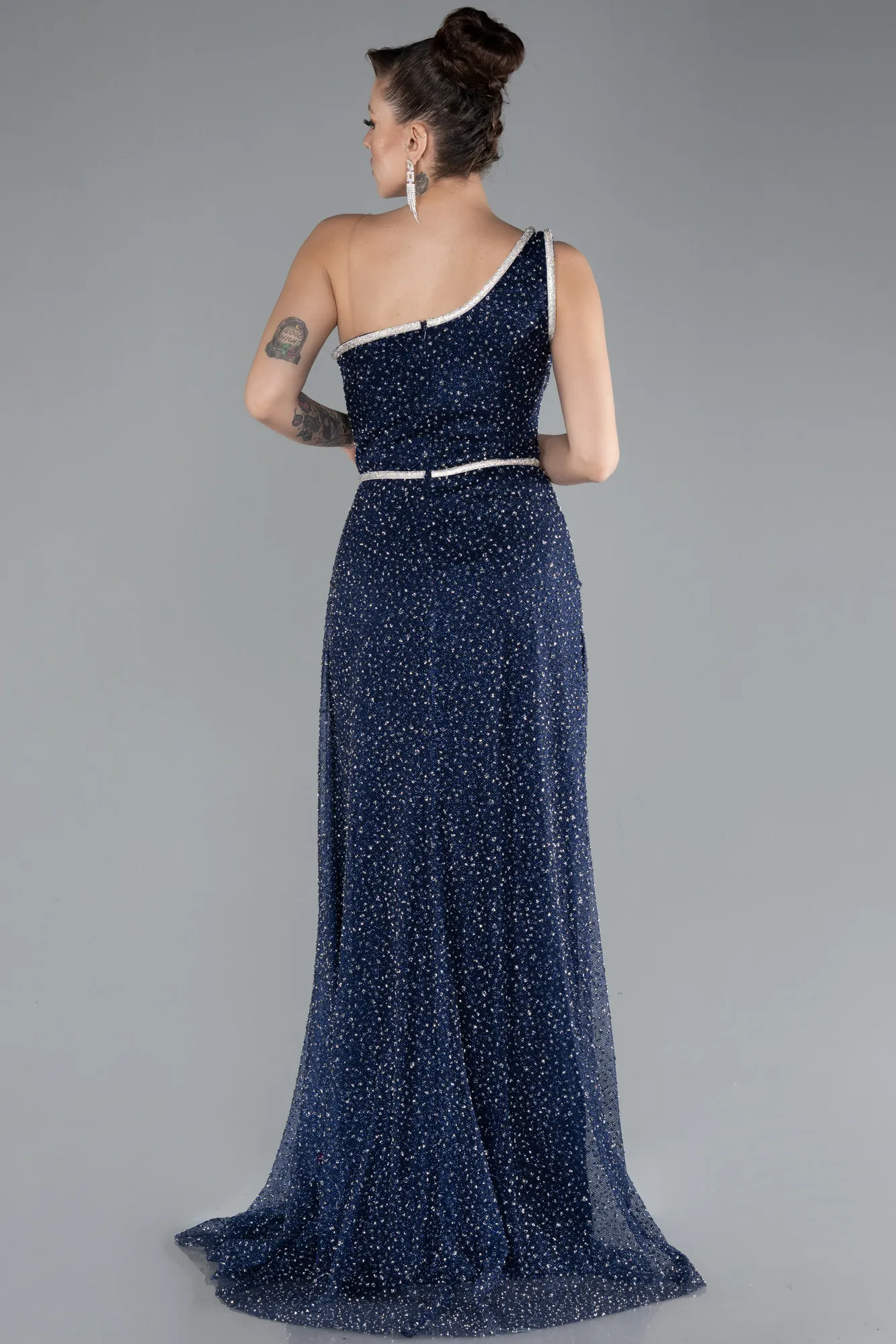 Navy Blue-One Shoulder Slit Stone Long Evening Gown ABU4500