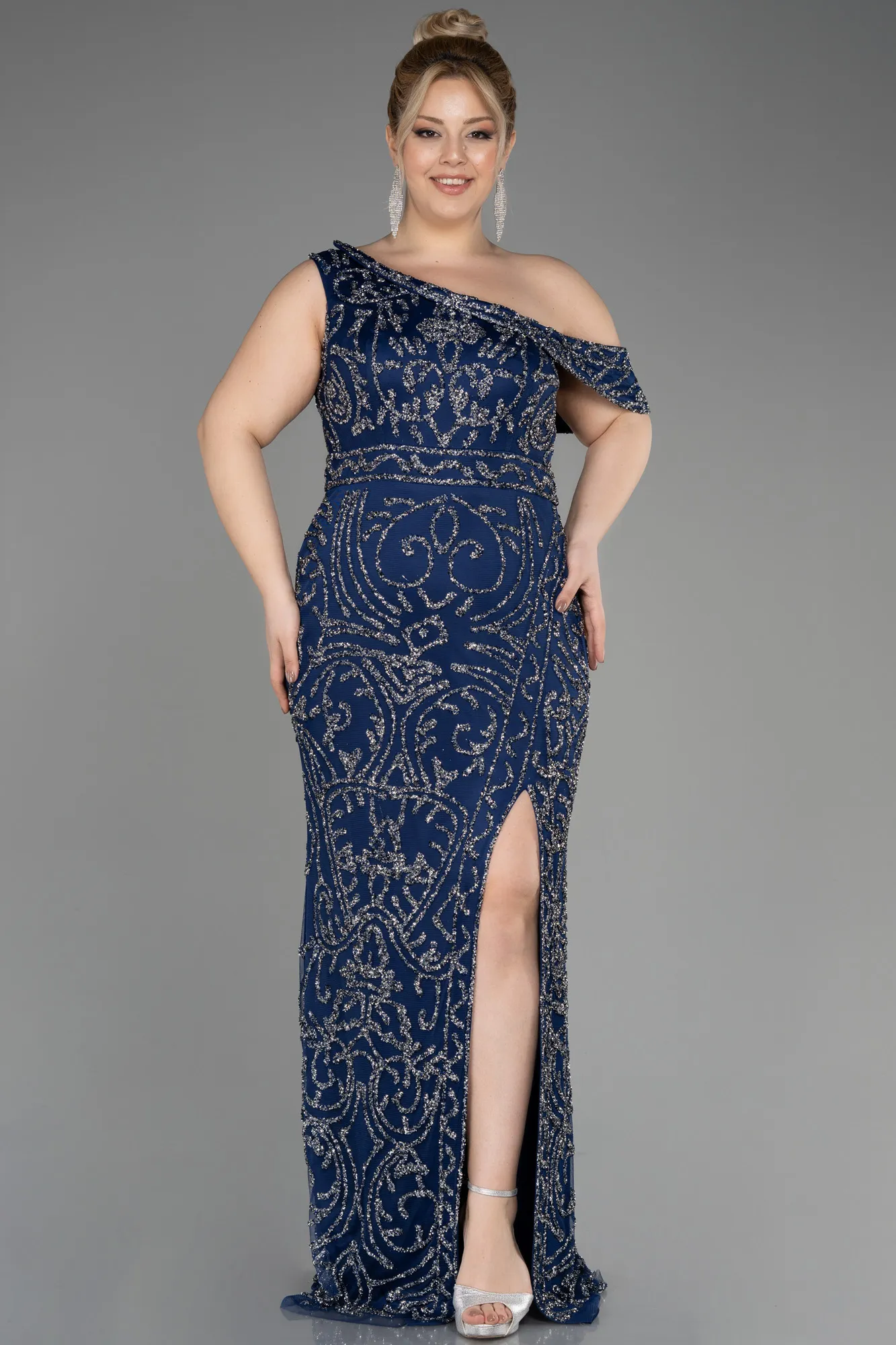 Navy Blue-One Shoulder Stony Long Plus Size Evening Gown ABU3854