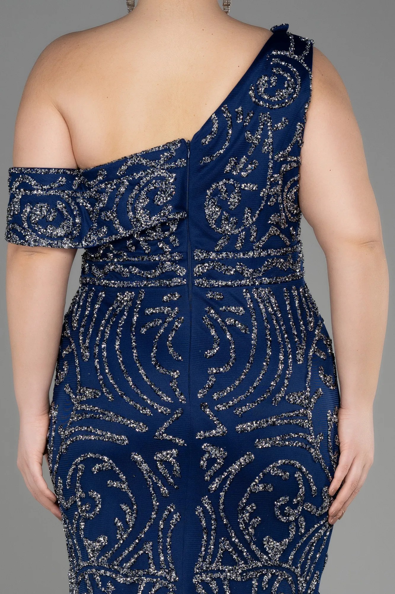 Navy Blue-One Shoulder Stony Long Plus Size Evening Gown ABU3854