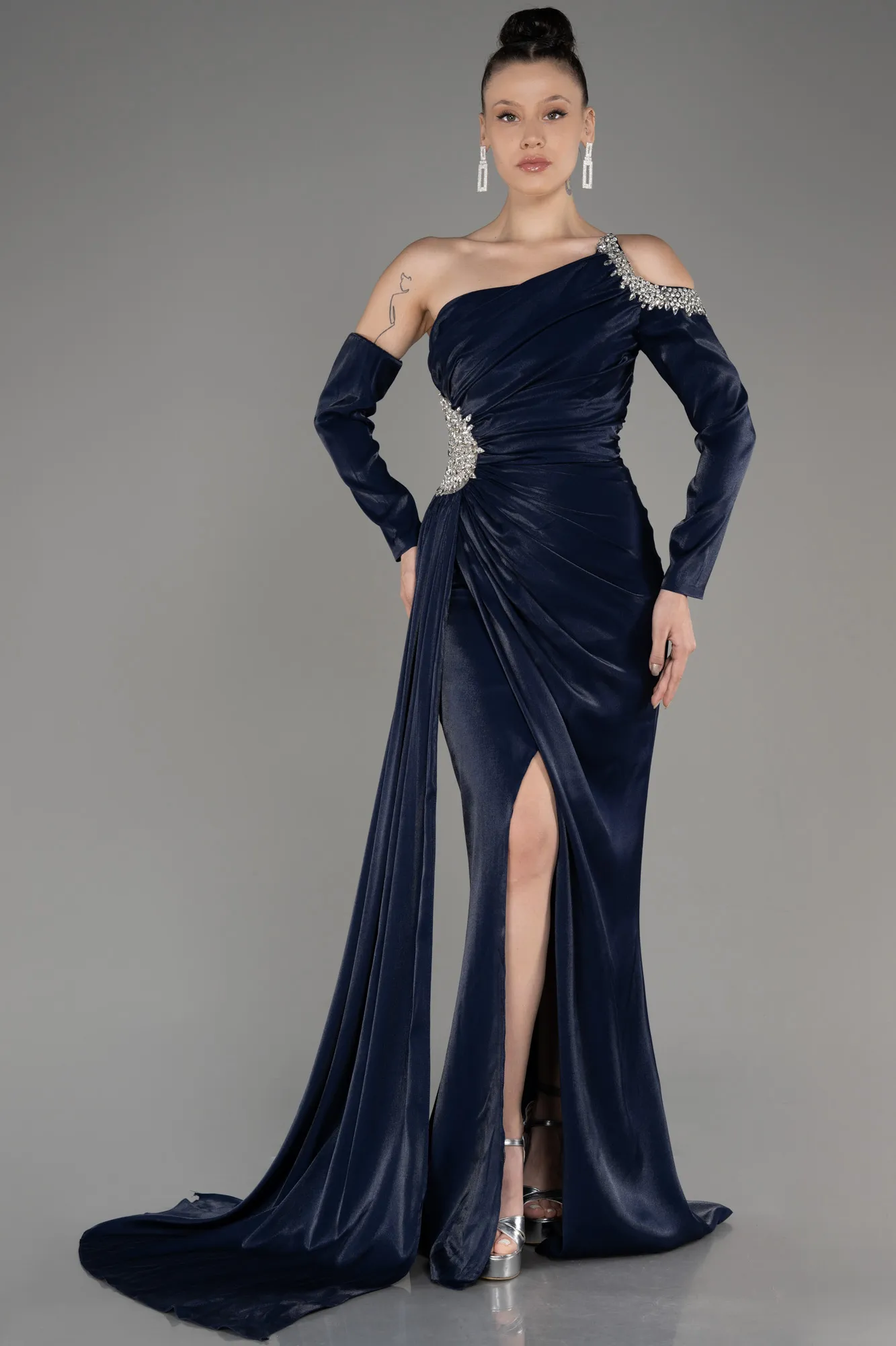 Navy Blue-One Sleeve Long Formal Evening Dress ABU3976