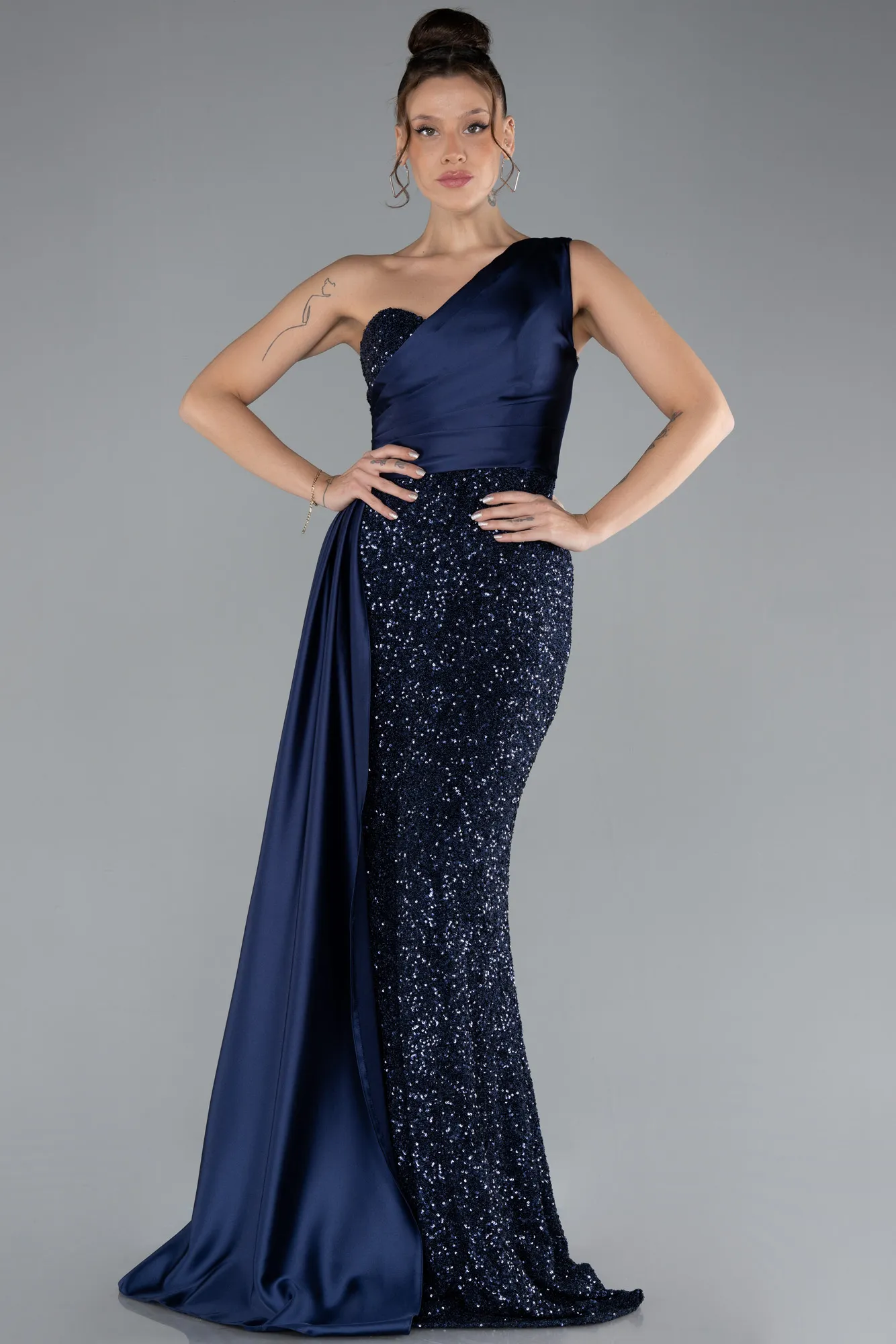 Navy Blue-One Sleeve Long Sequined Evening Gown ABU4378