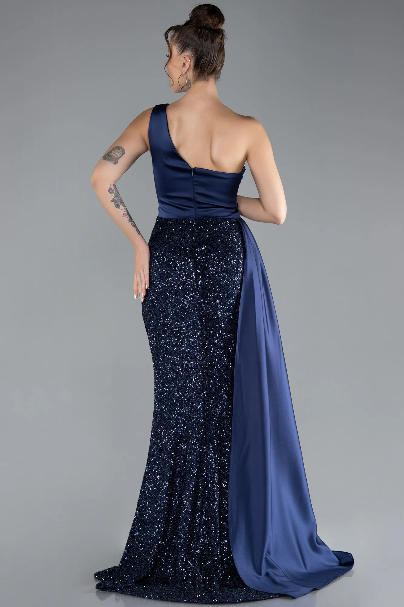 Navy Blue-One Sleeve Long Sequined Evening Gown ABU4378