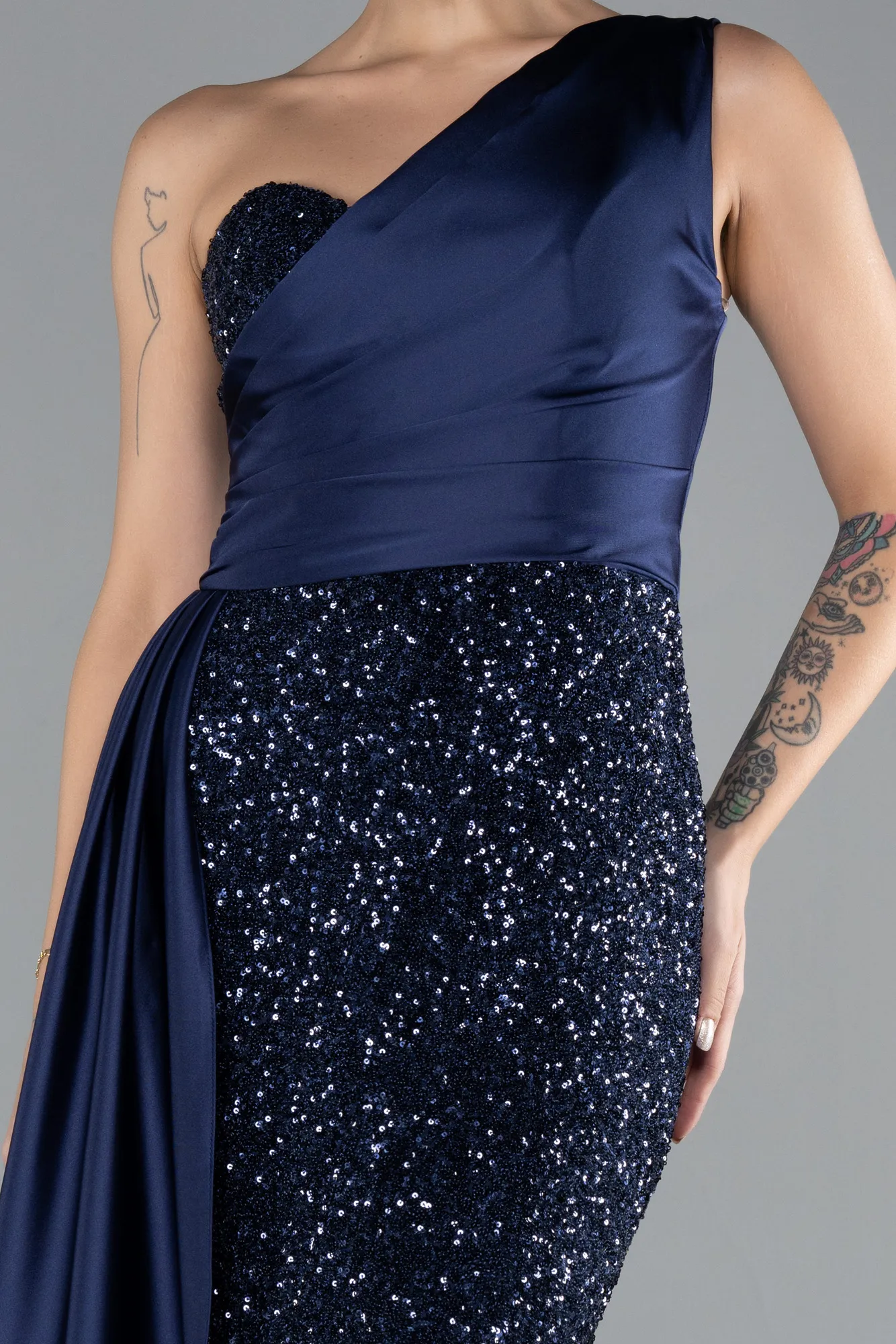 Navy Blue-One Sleeve Long Sequined Evening Gown ABU4378