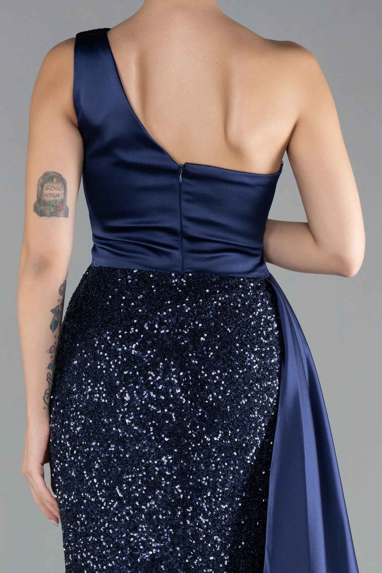 Navy Blue-One Sleeve Long Sequined Evening Gown ABU4378