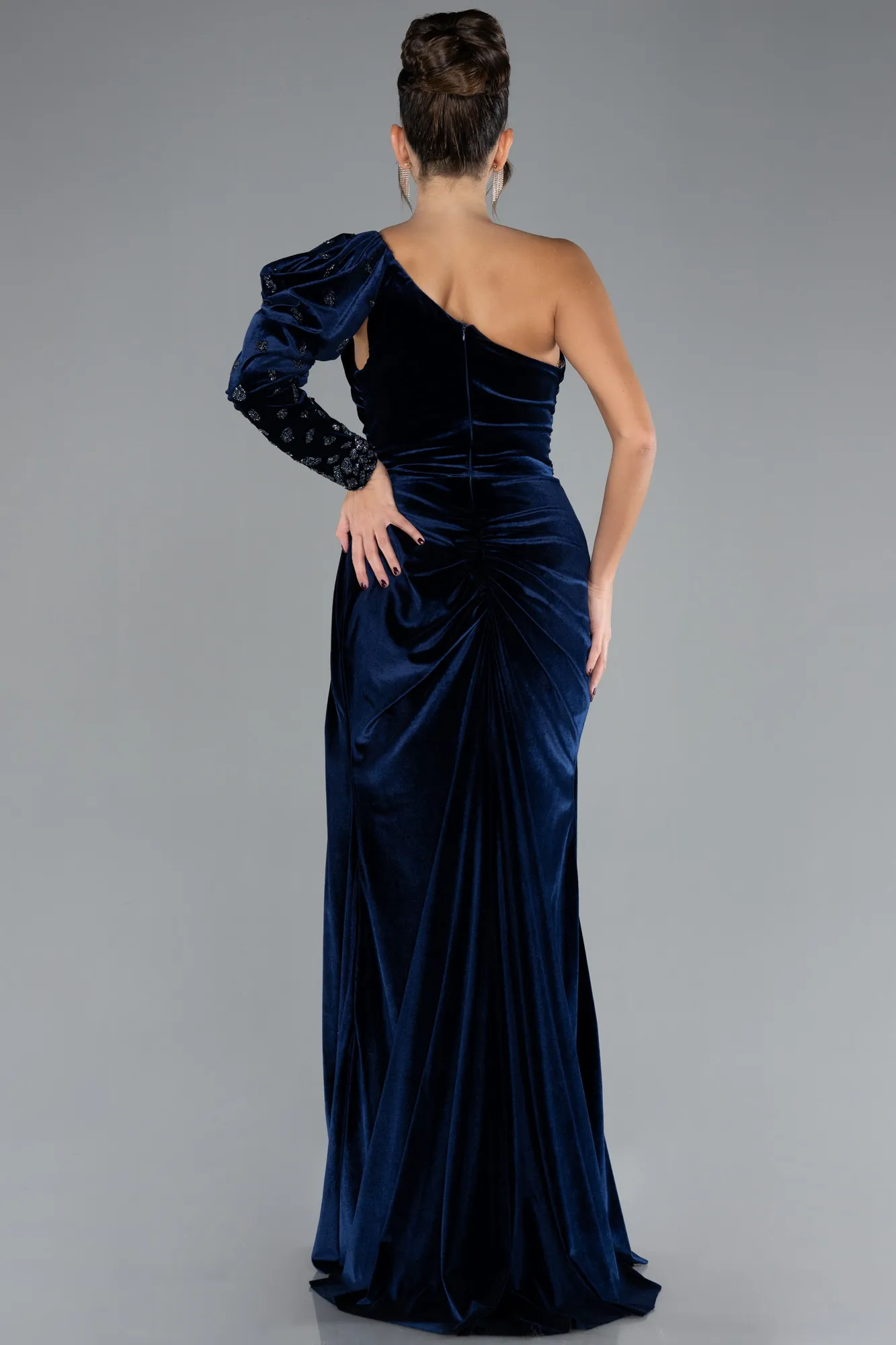 Navy Blue-One Sleeve Slit Long Velvet Evening Dress ABU4338