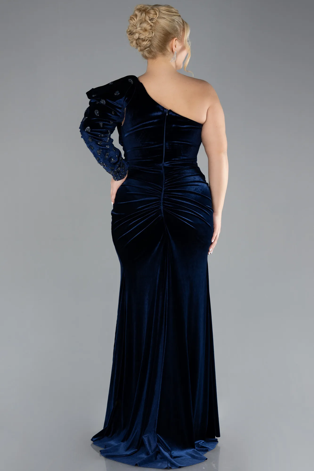 Navy Blue-One Sleeve Slit Long Velvet Plus Size Evening Dress ABU4339