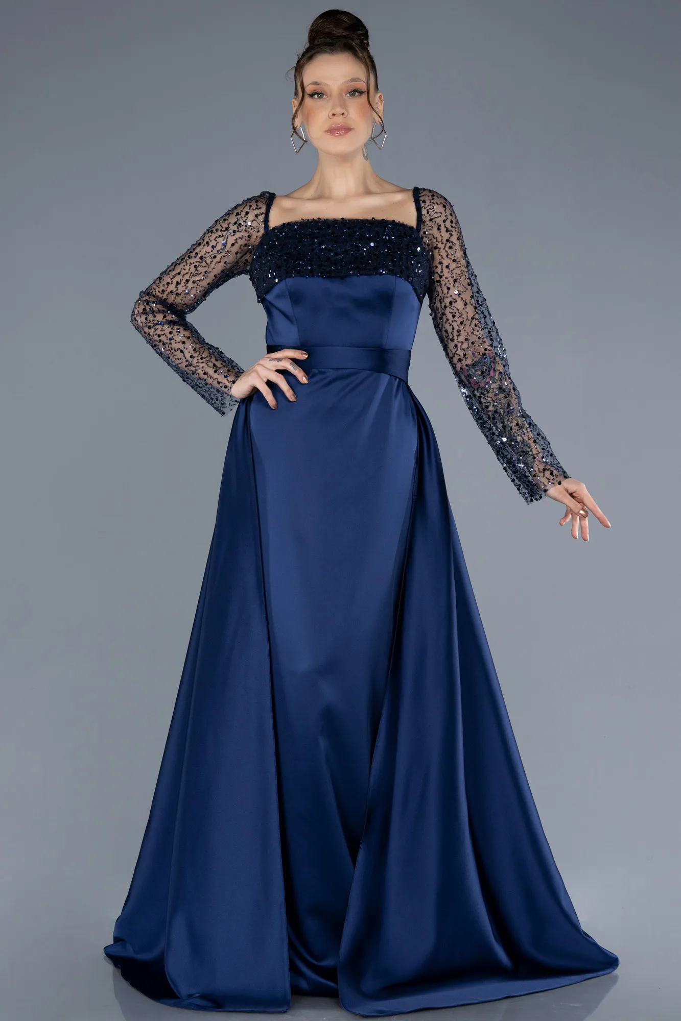 Navy Blue-Scaly Long Sleeve Satin Tail Evening Gown ABU4583