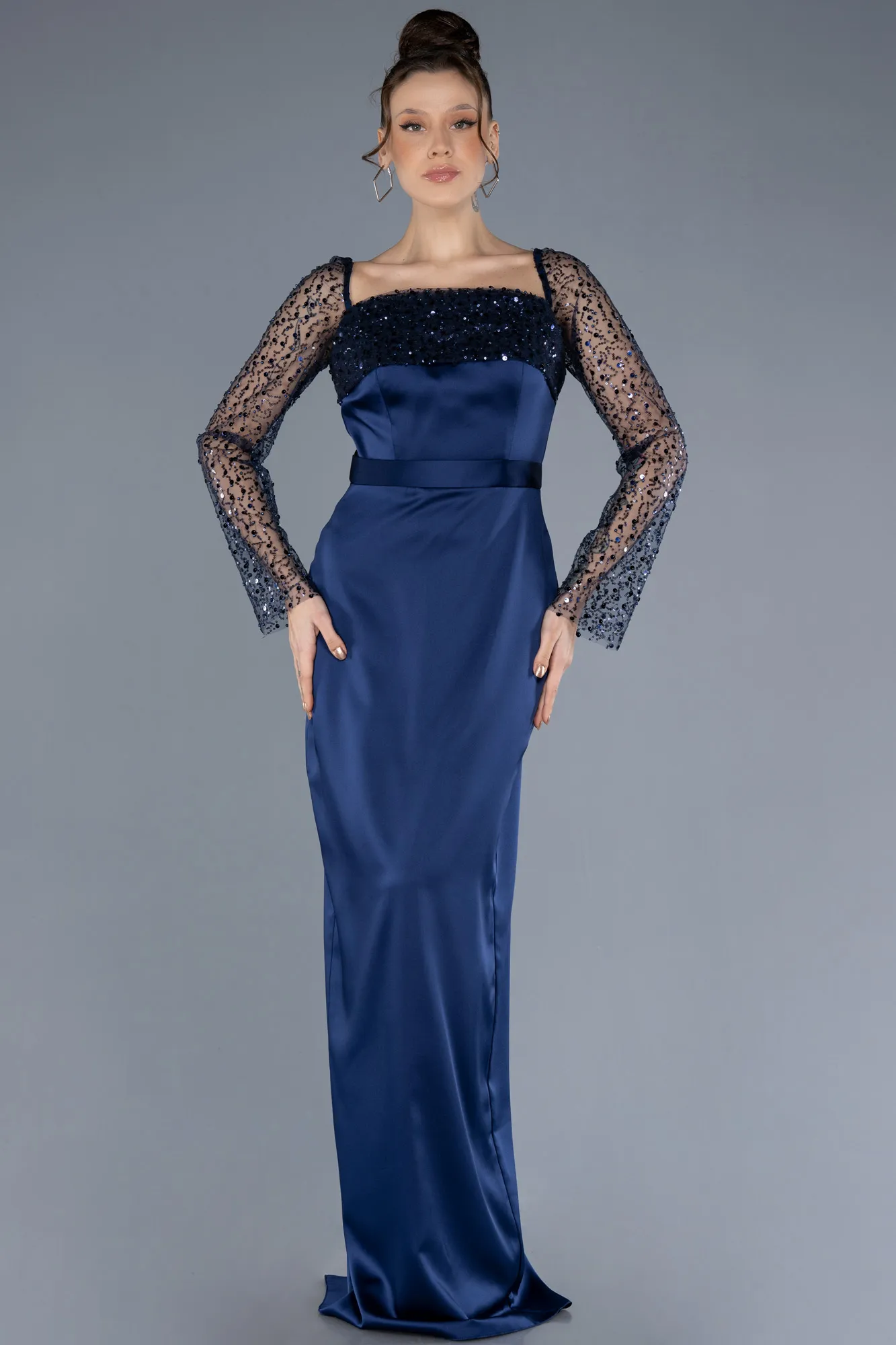 Navy Blue-Scaly Long Sleeve Satin Tail Evening Gown ABU4583