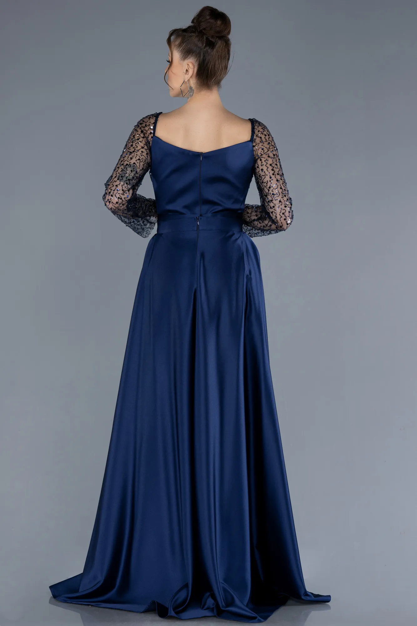 Navy Blue-Scaly Long Sleeve Satin Tail Evening Gown ABU4583