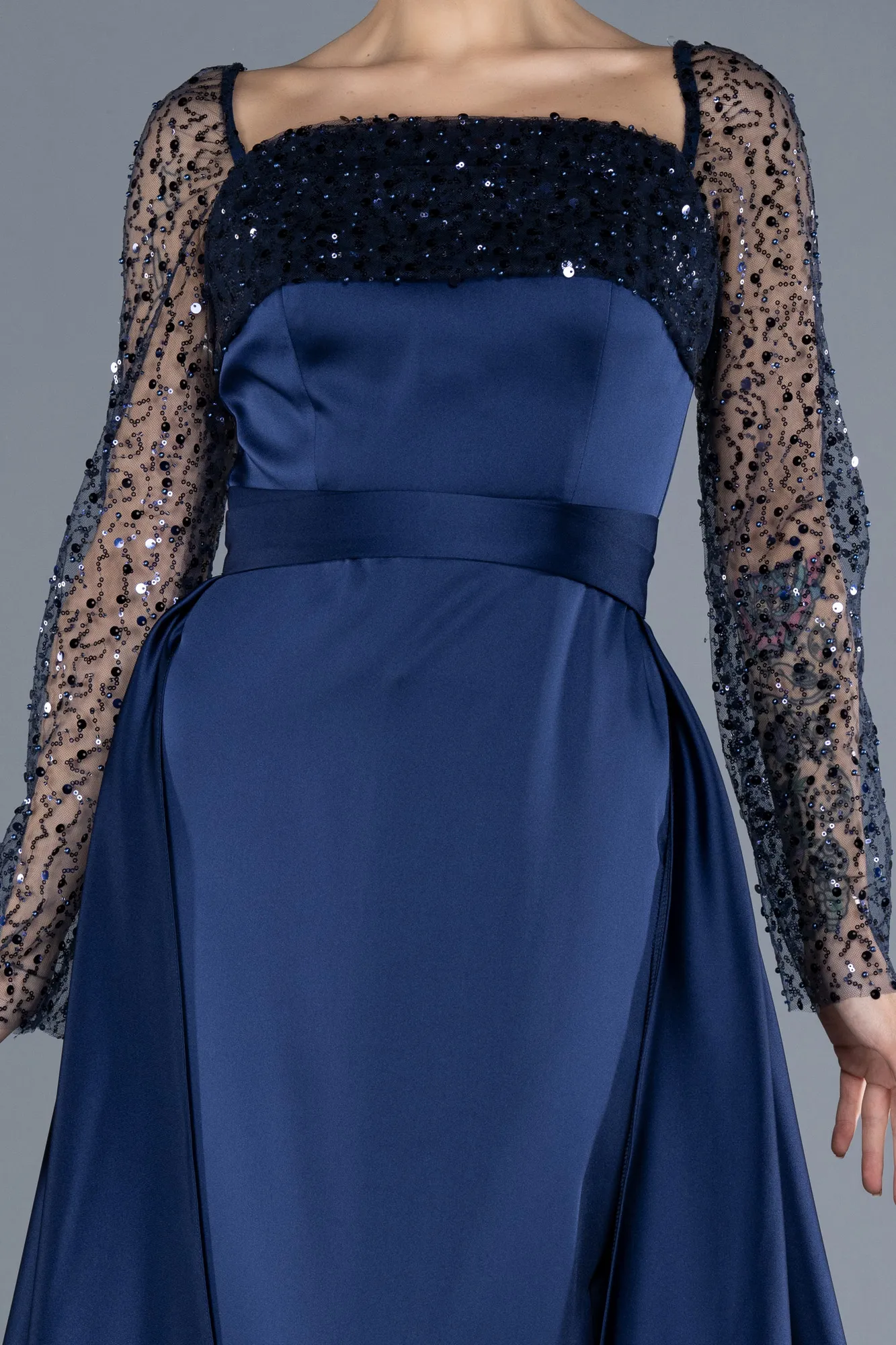 Navy Blue-Scaly Long Sleeve Satin Tail Evening Gown ABU4583