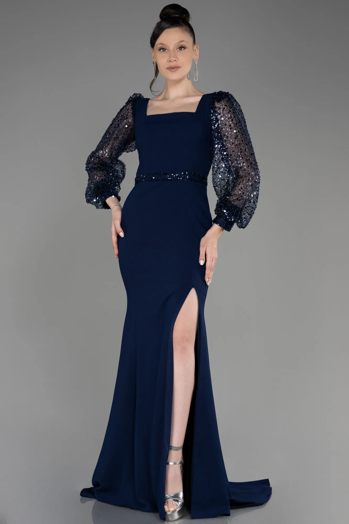 Navy Blue-Scaly Long Sleeve Slit Evening Dress ABU3852