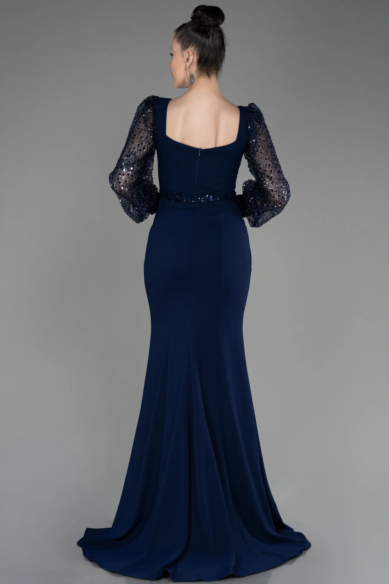 Navy Blue-Scaly Long Sleeve Slit Evening Dress ABU3852