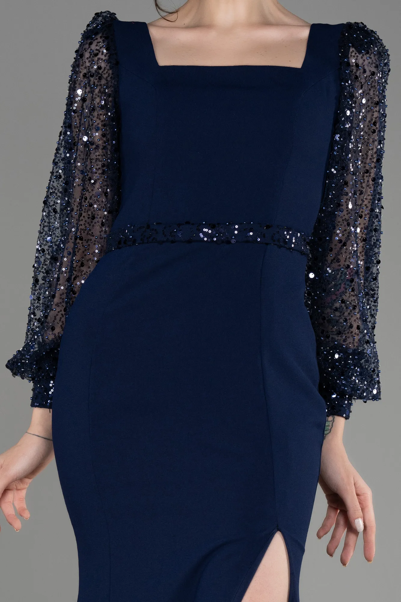 Navy Blue-Scaly Long Sleeve Slit Evening Dress ABU3852