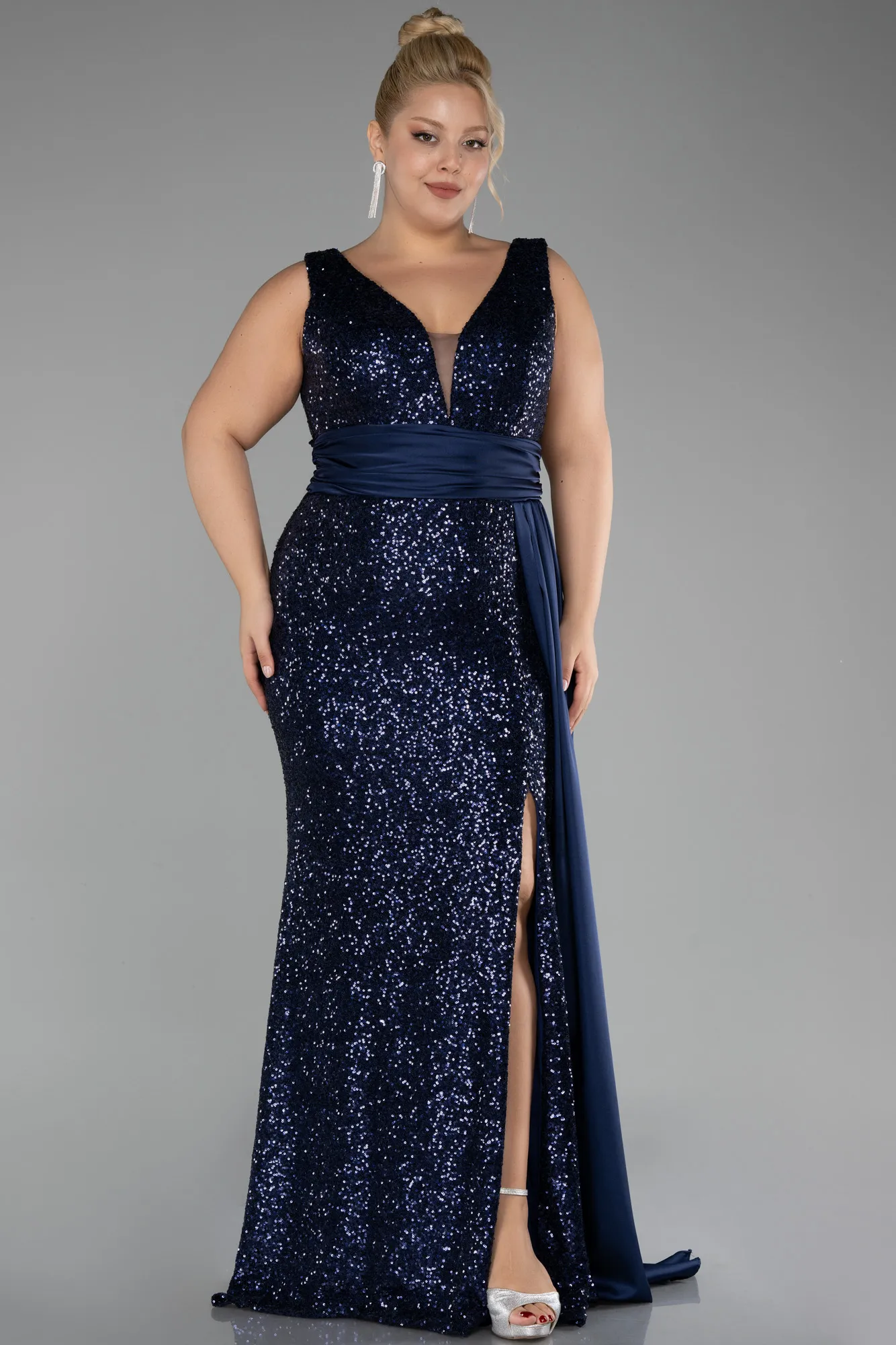 Navy Blue-Sequin Long Sleeve Chiffon Evening Dress ABU4030